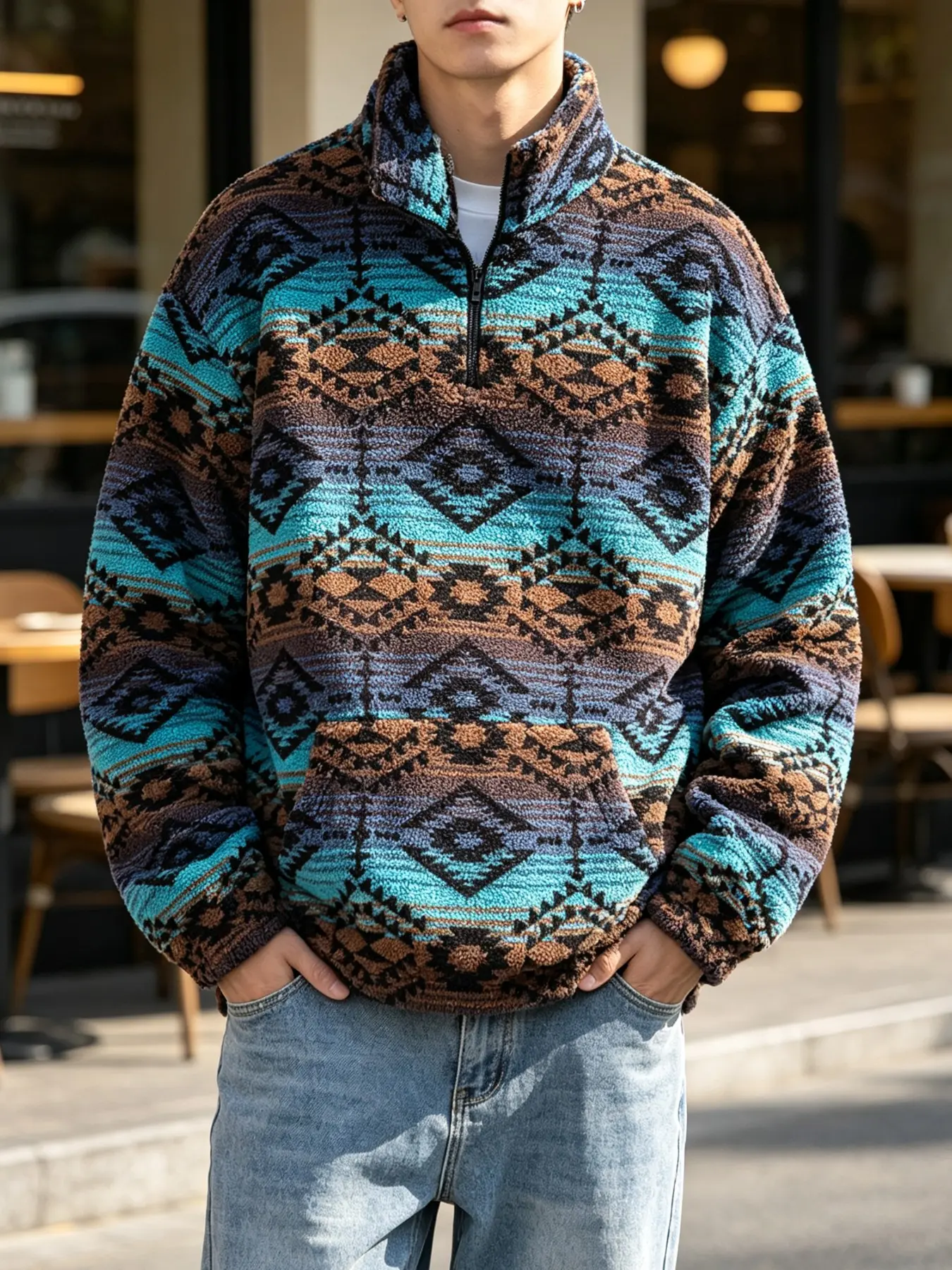Men Aztec Navajo Tribal Print Sherpa Fleece Quarter Zip Pullover, Soft Plush Half Zip Stand Collar Sweatshirt, Warm Fall Winter Outerwear