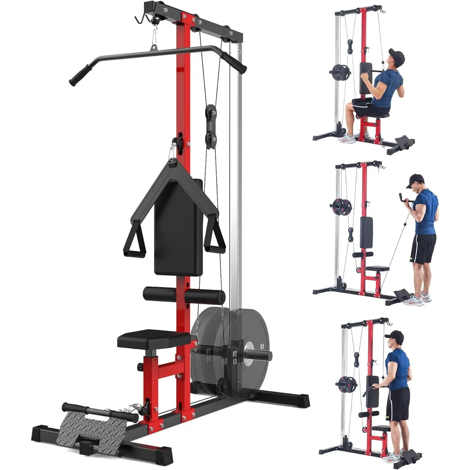 LAT Pulldown Cable Machine for Home Gym, Multi-Functional High & Low Adjustable Pulley System Workout Machine, 3-Position Adjustable Seat & Knee Support, Heavy Duty Steel Frame Fitness Equipment for Full-Body Strength Training