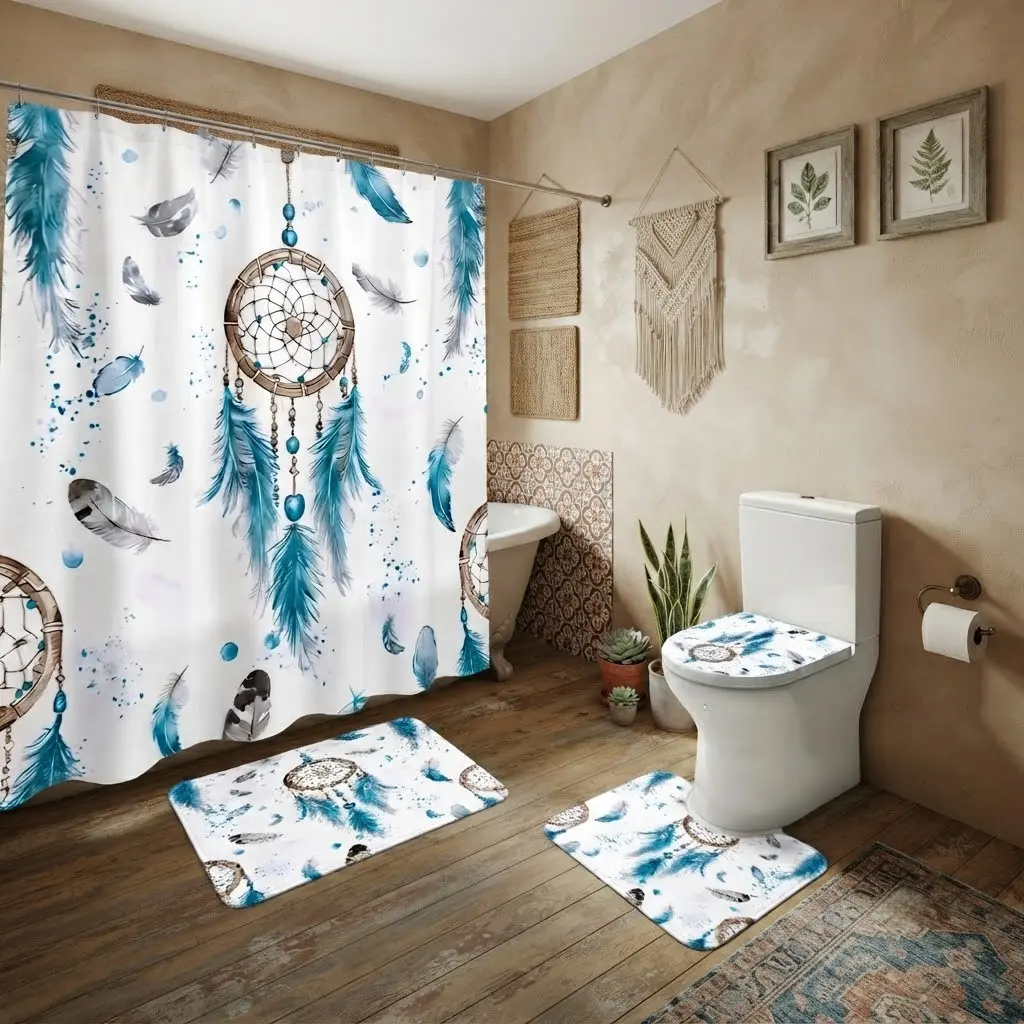 4pcs Bohemian Blue Feather Dreamcatcher Bathroom Set, featuring a shower curtain, watercolor tribal-style art bath mat, and toilet lid cover; the bath mat is made of thickened, soft-touch fabric—perfect for a hippie-style summer bathroom makeover.