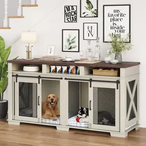Heavy Duty Double Dog Crate Coffee Table for Large Dogs - Wooden Pet Kennel with 3 Storage Drawers, Removable Divider, Sliding Barn Door - Multi-Functional Extra Large Furniture-Style TV Stand