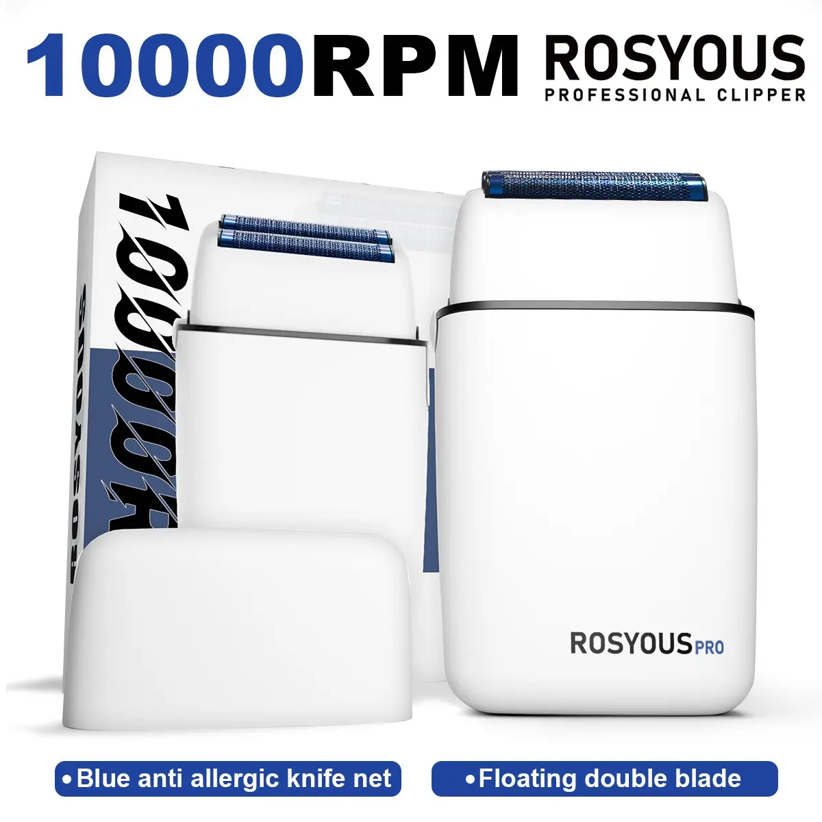 ROSYOUS RS620 Double Foil Blue Hypoallergenic Knife Net 10000RPM USB Cordless Barber Shaver Men Professional Hair Clipper