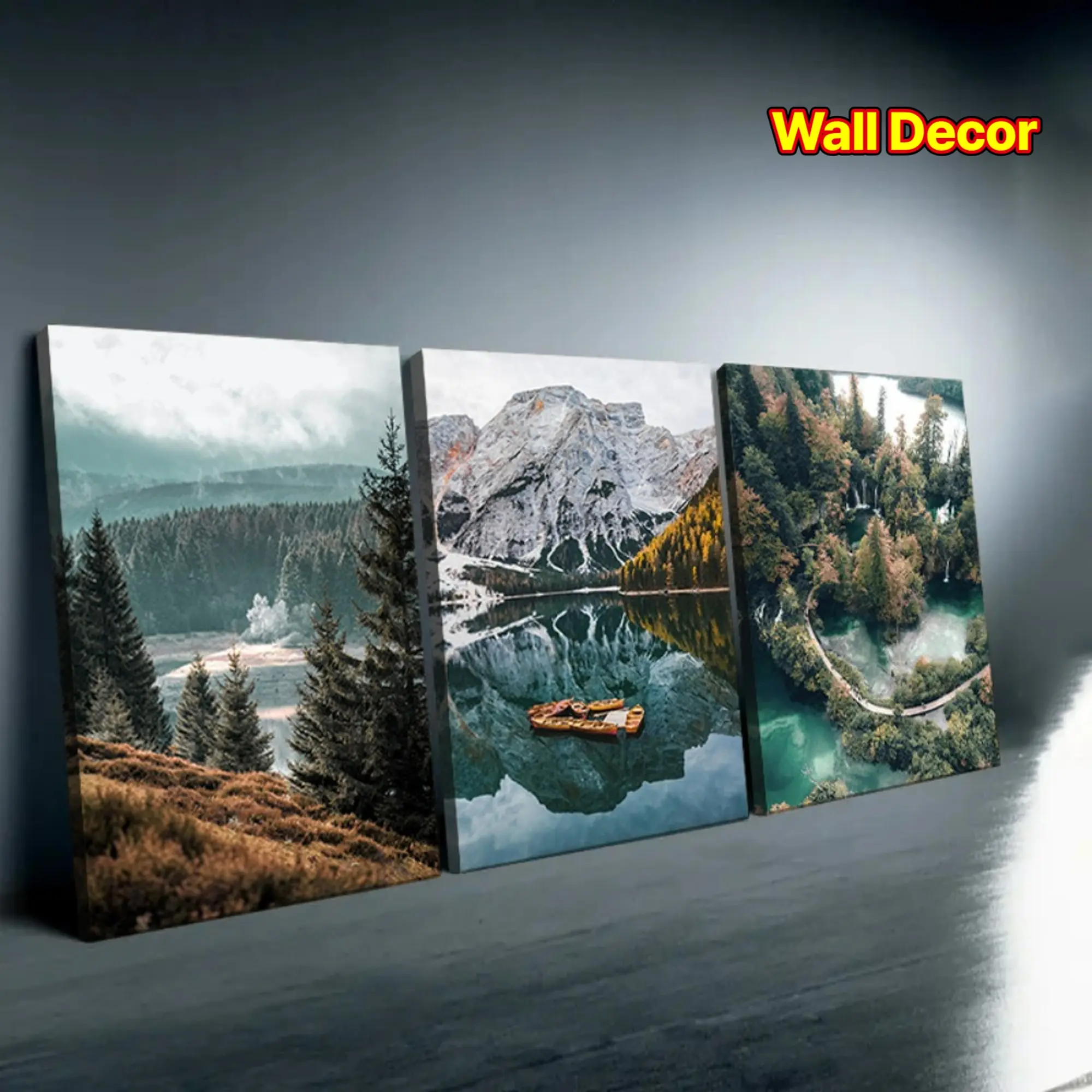 3-piece wall hanging set, natural landscape canvas oil painting, Scandinavian forest scenery, lake, boat, mountain art poster, Nordic decorative painting, modern home decor painting