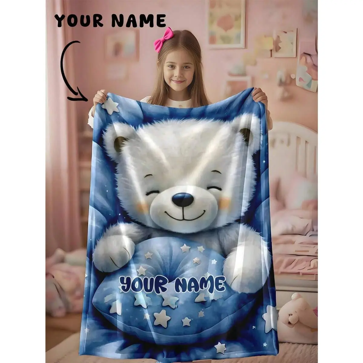 Personalized Flannel Sleeping Bear Throw Blanket - Custom Double Name, Wrinkle Resistant, Blue Starry Night, All Seasons, Nursery Decor, Crib/Stroller Use, Toddler Milestone Gift, Cozy Home Snuggles (Customized Blankets Category)