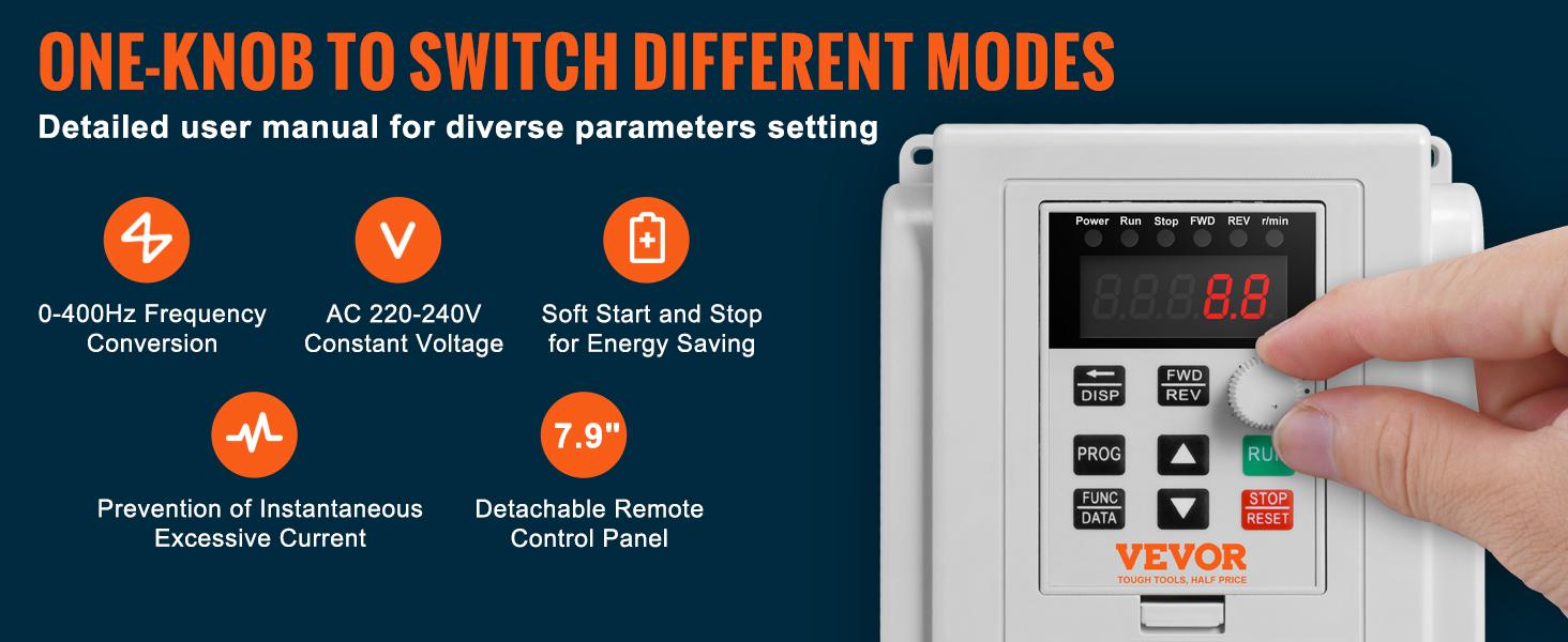 VEVOR VFD 3HP, 2.2KW, 10A, 1 Phase 220V-240V Input to 3 Phase 220V-240V Output Variable Frequency Drive, 0-400Hz VFD for AC Motor Speed Control