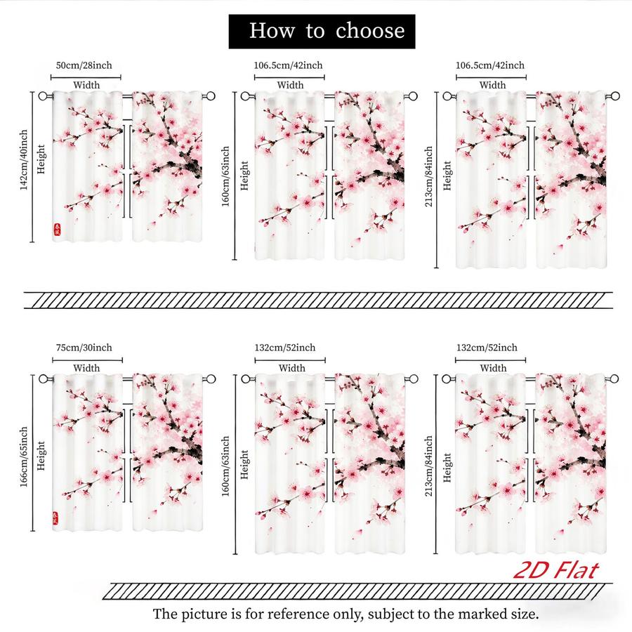 2 Pcs Japanese Style Cherry Blossom Pattern Sun Blocking Curtains Digital Printed Rod Pocket for Bedroom Office Kitchen Living Room Study Home Decor