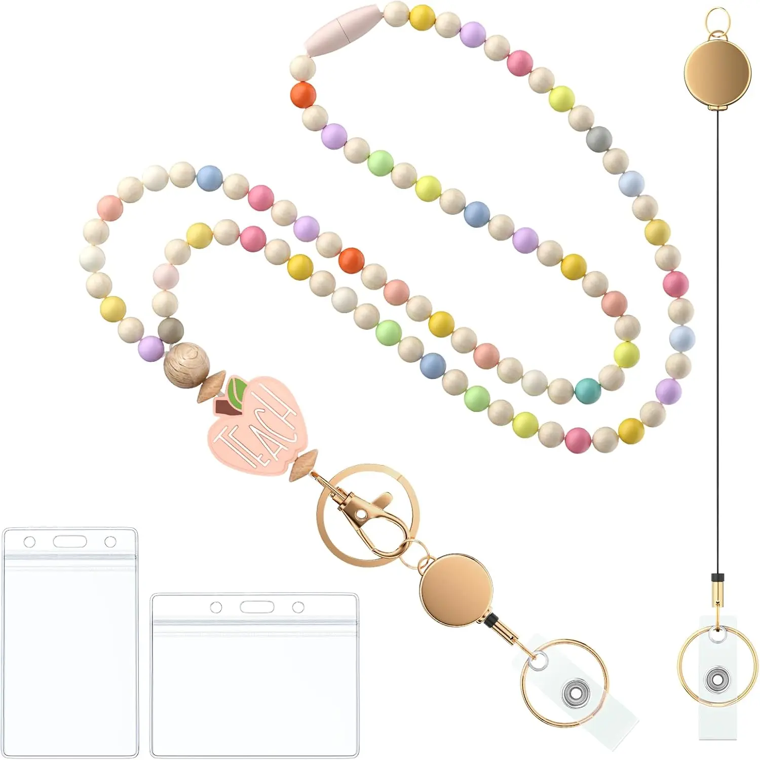 Teacher Lanyard with ID Holder, Badge Lanyards for Women, Wooden Beaded Lanyard, Retractable Breakaway Lanyards for ID Badges and , Cute  Lanyard