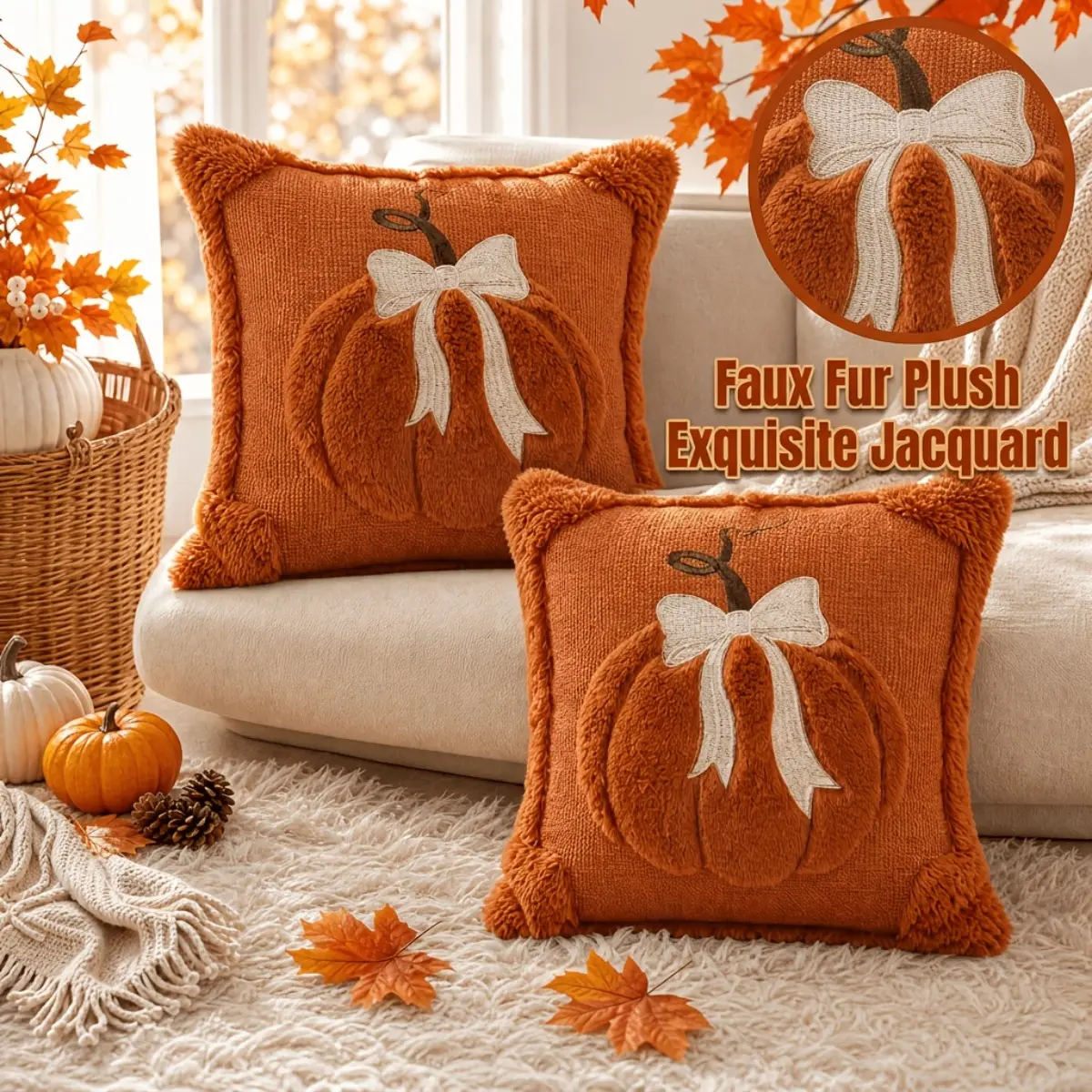 2-Pack 3D Jacquard Pumpkin Pillow Covers – 18x18 Inch Fall Throw Pillow Covers with Bow for Thanksgiving & Farmhouse Decor (Covers Only)