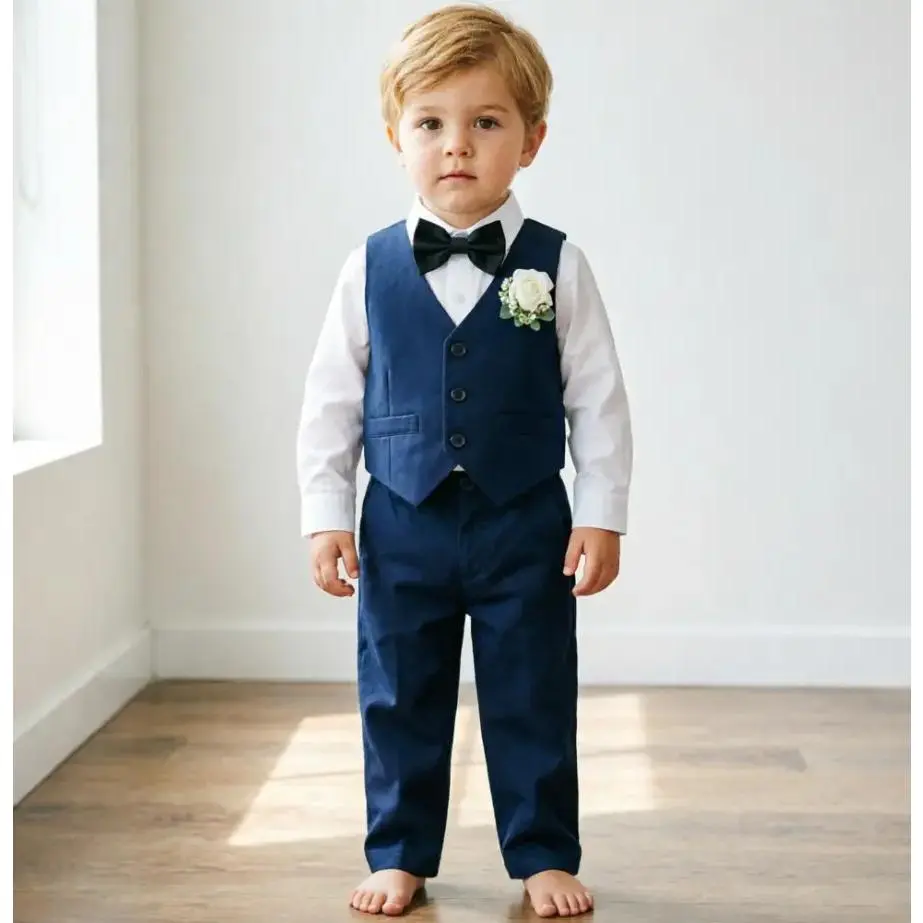 3pcs Newborn Baby Boy Long Sleeve Gentleman Suit 0-24M One-Piece Shirt Vest Pants Bow Tie Corsage Soft Comfortable Toddler Party Wedding Outfit