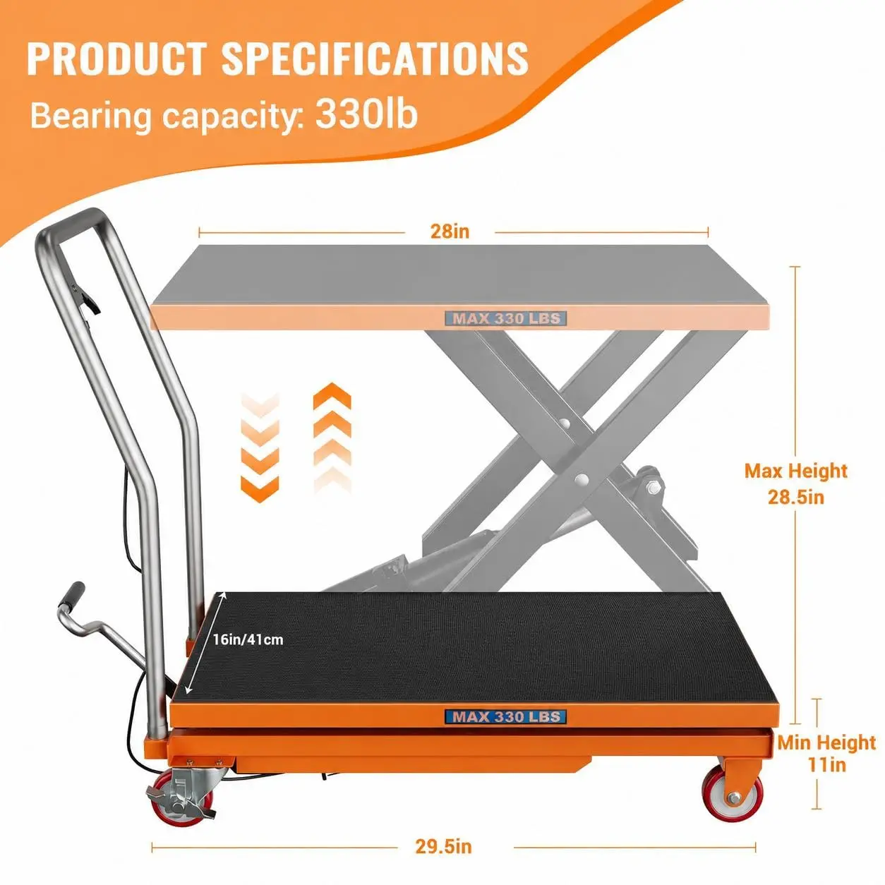 GARVEE Hydraulic Lift Table Cart, 330 LBS Heavy Duty Single Scissor Lift Table, 28.5" Lift Height, Heavy Duty Steel Material Handling Cart with Locking Wheels & Non-Slip Platform, Orange