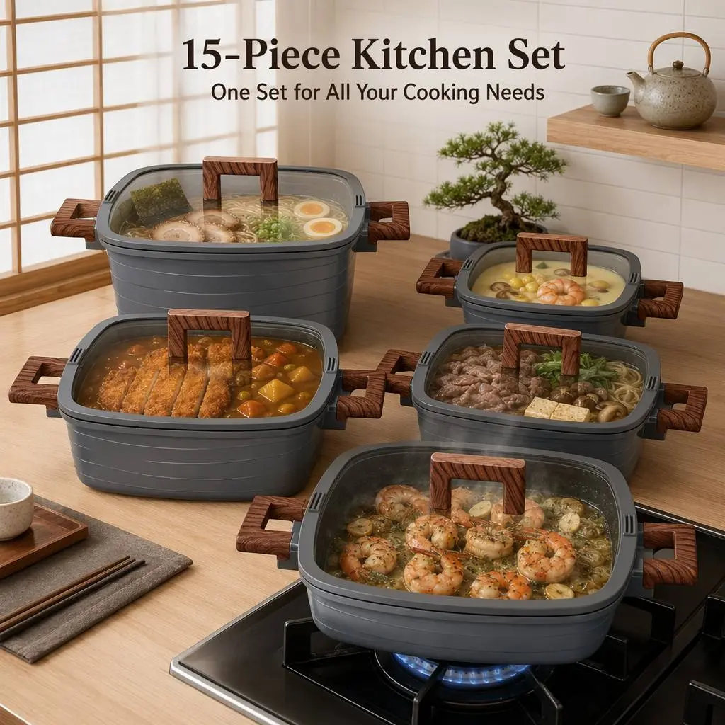 15Pcs Ceramic Non-Stick Cookware Set, 7.8/9.4/11/12 Inch Deep Stock Pots & 11 Inch Shallow Cooking Pan with 5 Silicone Lids, 3 Heat Resistant Pot Mats, 2 Silicone Cooking Spatulas & 6 Inch Soup Ladle, PFOA Free Kitchen Cookware