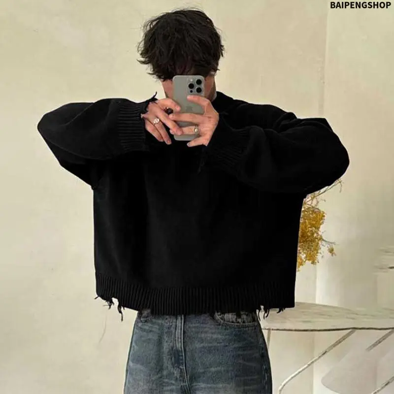 Unisex Streetwear Ripped Knit Sweater, Loose-Fit Long Sleeve Crew Neck Pullover, Casual Distressed Knitwear, Others, Tops, Loose-Fitting