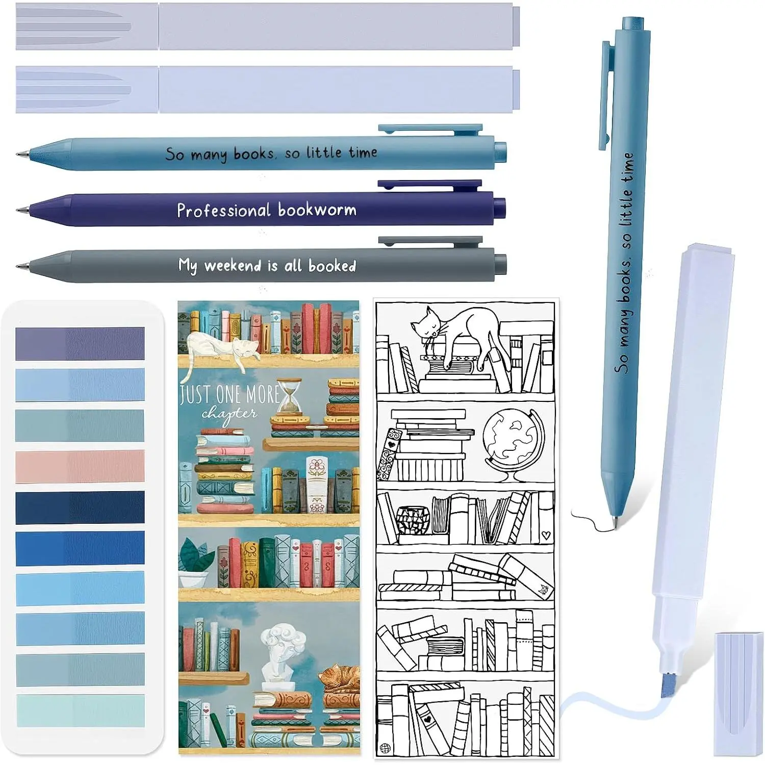 7 count Book Lovers Gifts for Readers Bookish  to School Book Annotation Kit Aesthetic Pastel Highlighter No Bleed Gel Pen Reading Tabs Bookmark for Women Library Student (Blue Series)