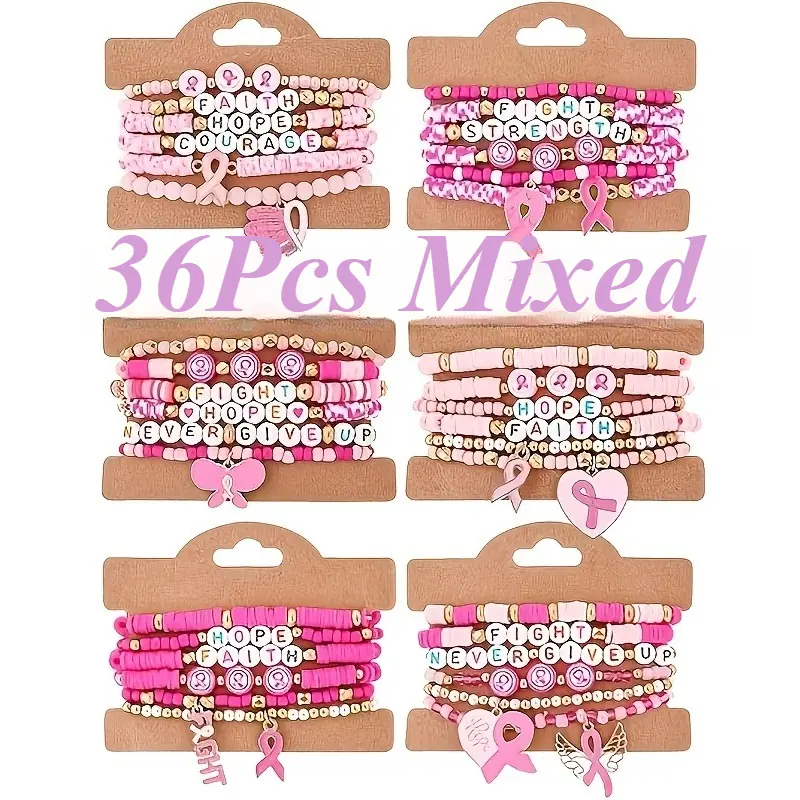 36Pcs Pink Breast Cancer Awareness Bracelets, Polymer Clay Wristbands,Breast Women'S Awareness Pink Bracelet Set Elastic Women Breast Love Day Handmade Bracelet Pink Theme Party, Gifts for Friends Family