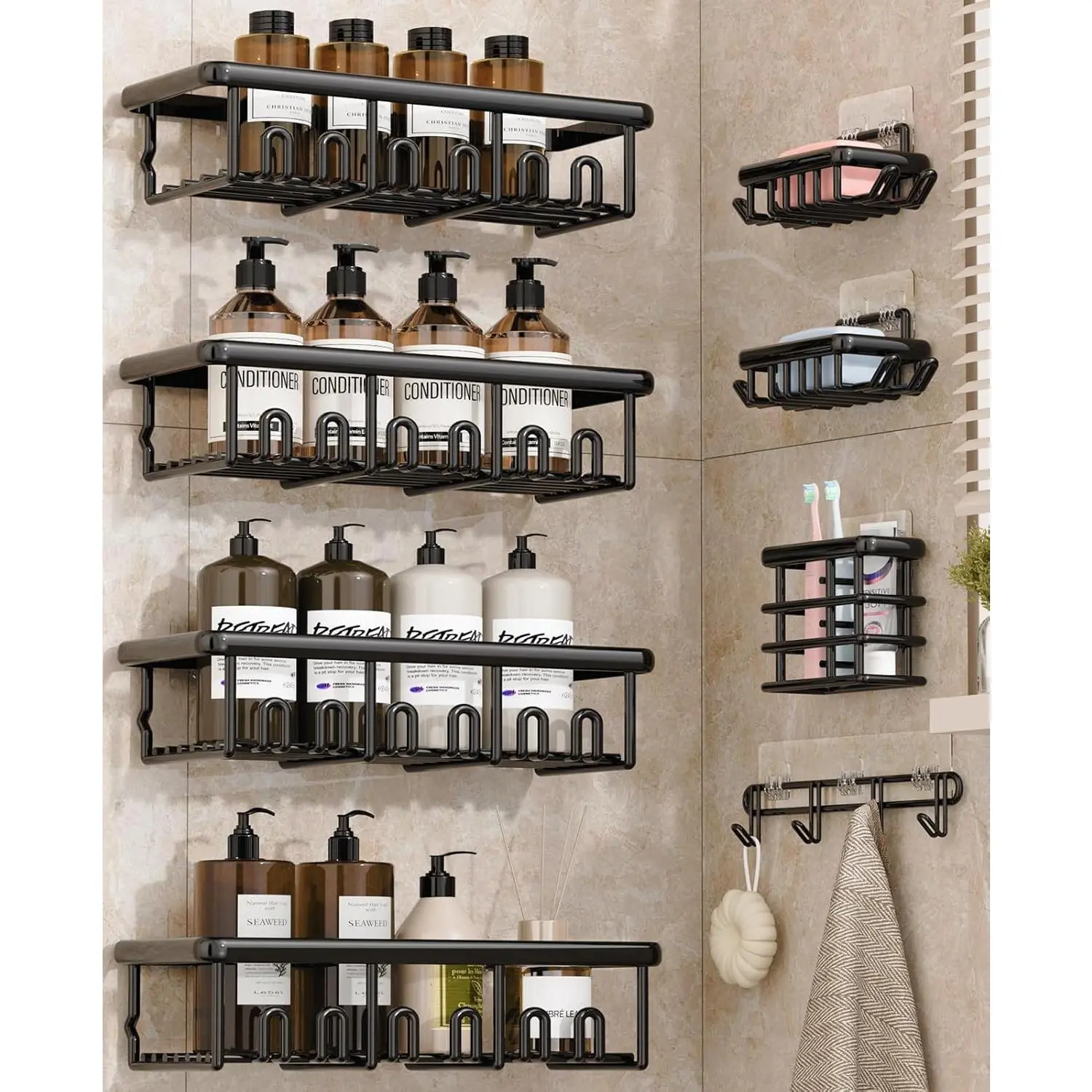 Black Stainless Steel 8-Pack Modern Bathroom Accessory Set - Renter-Friendly, Waterproof Bathroom Necessities, Adhesive Shower Organizers, Soap Dishes, Toothbrush Holder, Hooks, No-Drilling, Large-Capacity Vanity Organiser, Rustproof, Corrosion-Resistant