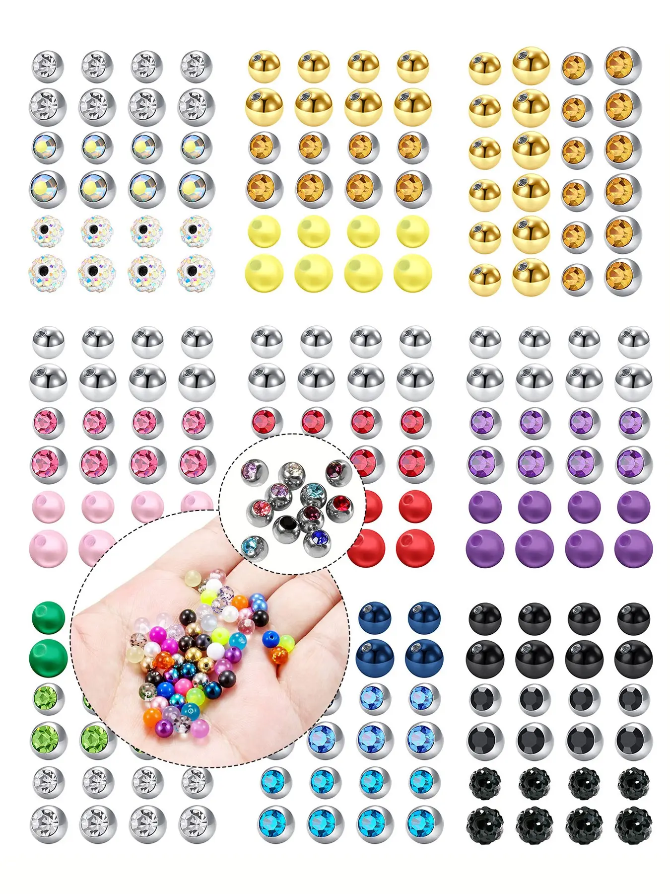 14g 5mm-8mm Stainless Steel Piercing Balls, Replacement Bars for Nose, Navel, Tongue, Lip, Labret, Septum, Eyebrow, Ear Jewelry
