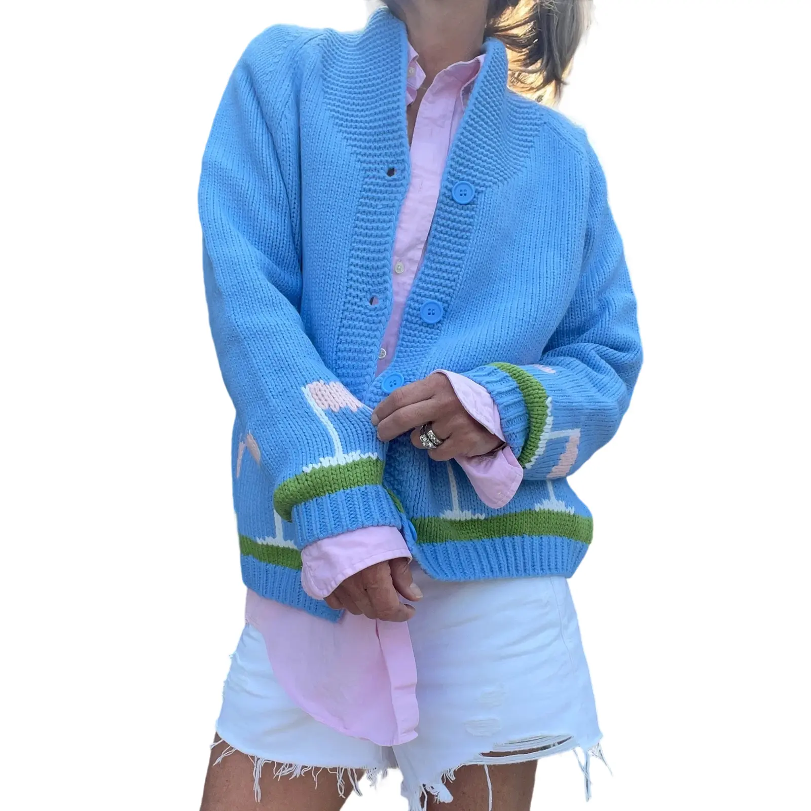 Women's Oversized Stand-Collar Chunky Knit Button-Up Preppy Golf-Inspired Flag-Stripe Long-Sleeve Cardigan with Vibe for Fall, Sporty, Thick, Ribbed, Girly