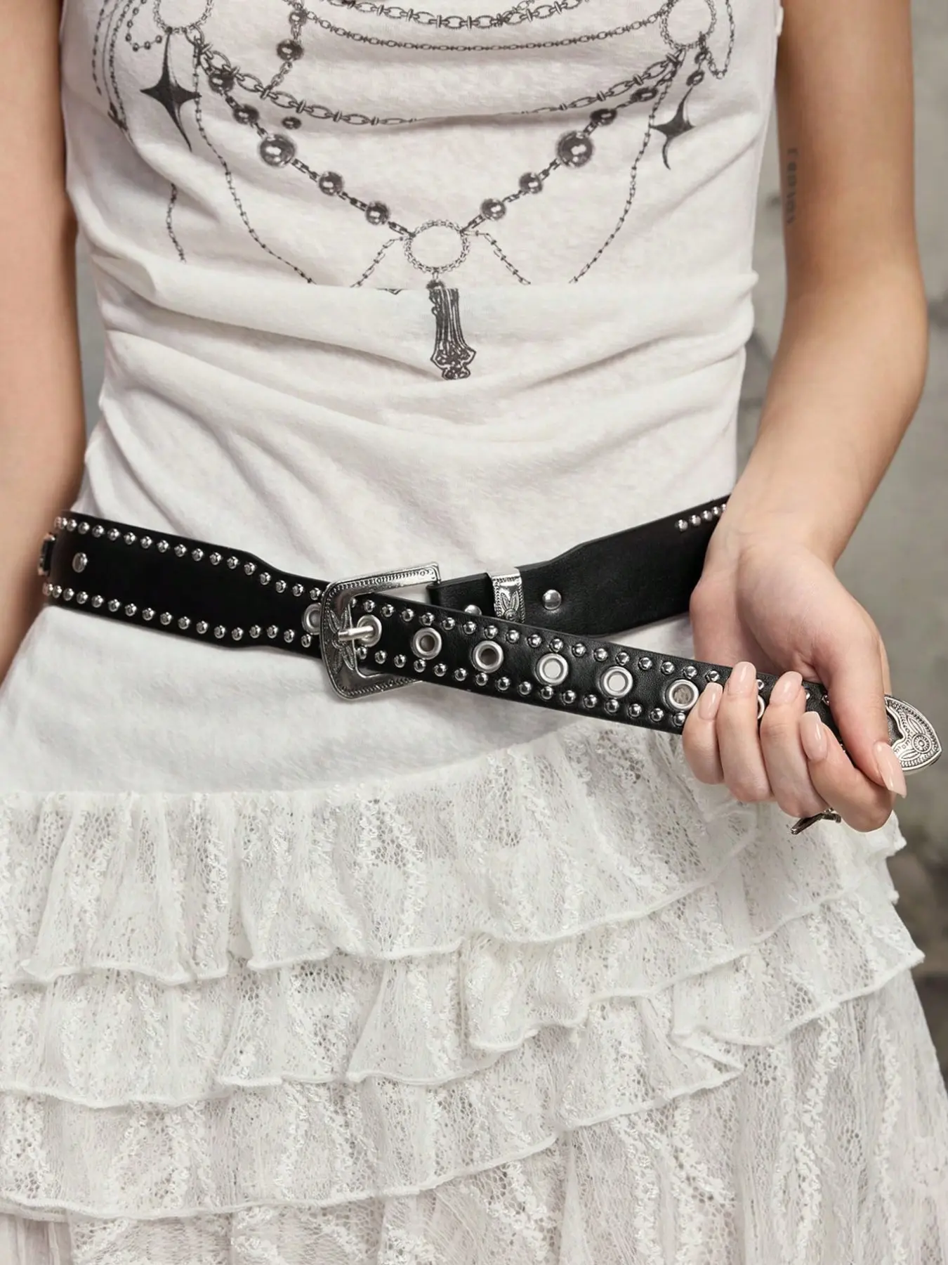 Y2K Punk Full Stud Eyelet Vintage Engraved Leather Belt Statement Belt