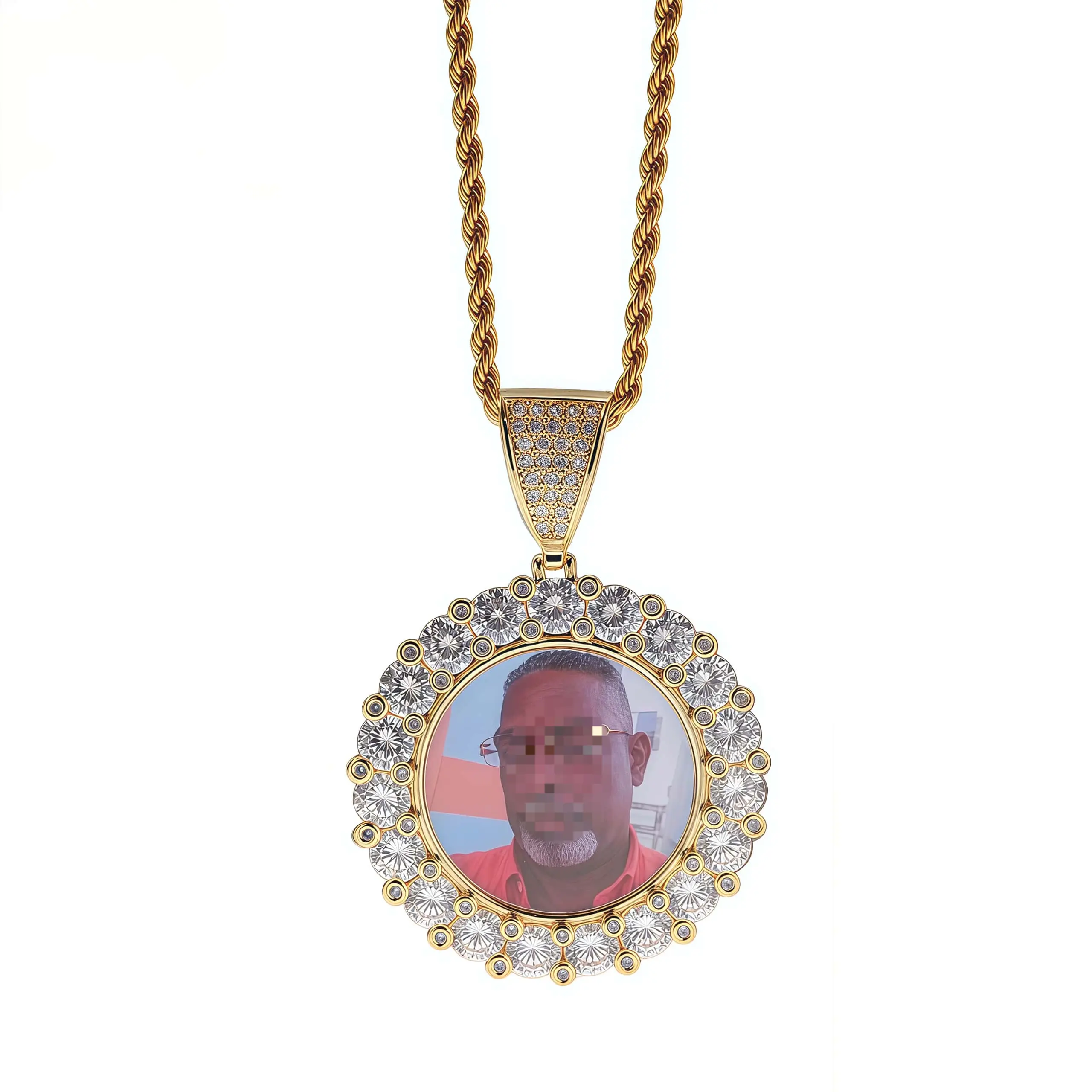 Personalized Iced-Out Pendant Necklace, Unisex Round Photo Locket with Rhinestones, Hip Hop Bling Custom Made Jewelry, Memorial Gift, Unisex Names