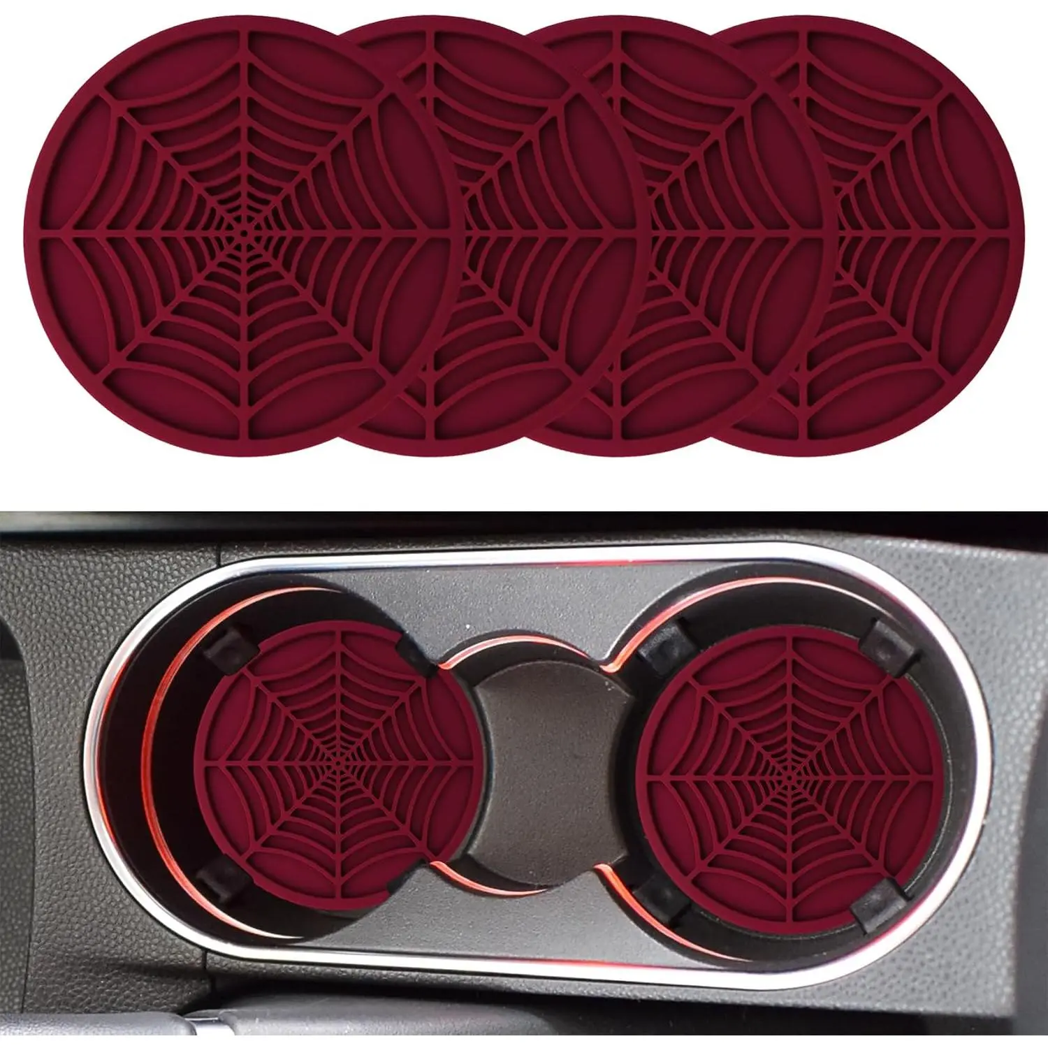 4 count  Cup Holder Coaster,  Cup Insert, 2.75 inch  Anti Slip Spider Web Auto Coaster, Automotive Interior Accessories  Drink Coasters Cute Fit for Women and Men ( Red)