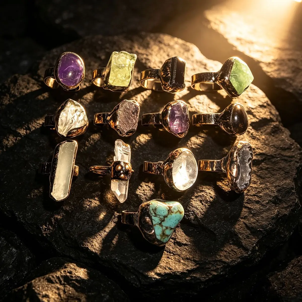 Vintage Natural Raw Stone Rings for Women – Irregular Amethyst Citrine Clear Quartz Fluorite Open Adjustable Band, Western Fashion Statement Jewelry