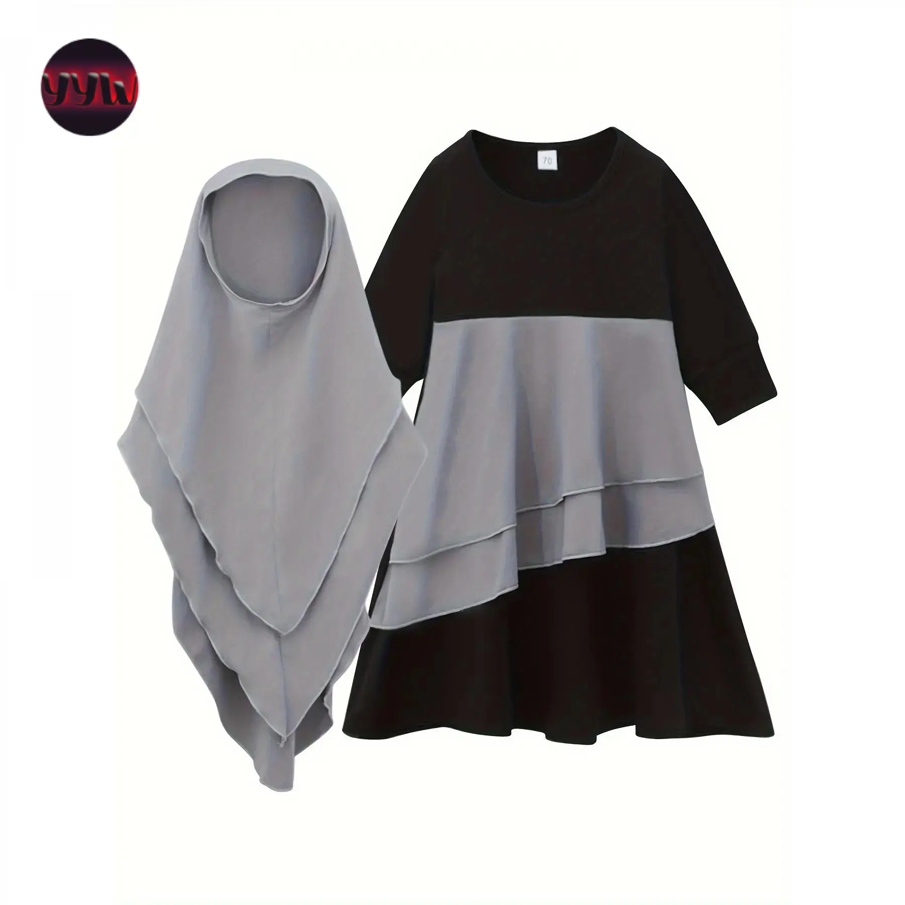 YYW1 Muslim Girls' Modest 2-Piece Set Combo, Polyester Blend Long Sleeve Crew Neck Stretch Abaya + Headscarf for Fall Modest Wear (Multi-Size)