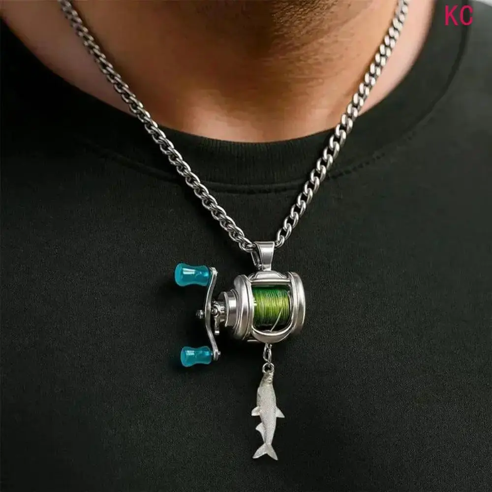 Rotatable Mini Fishing Reel Pendant Necklace, Functional Movable Line Guide Neck Jewelry Designed For Anglers And Fishing Lovers Daily Matching