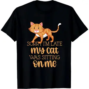 Sorry I'm Late My Cat Was Sitting On Me Funny Cat Lover T-Shirt, Cute Orange Tabby Graphic Tee, Humorous Casual Top crew neck
