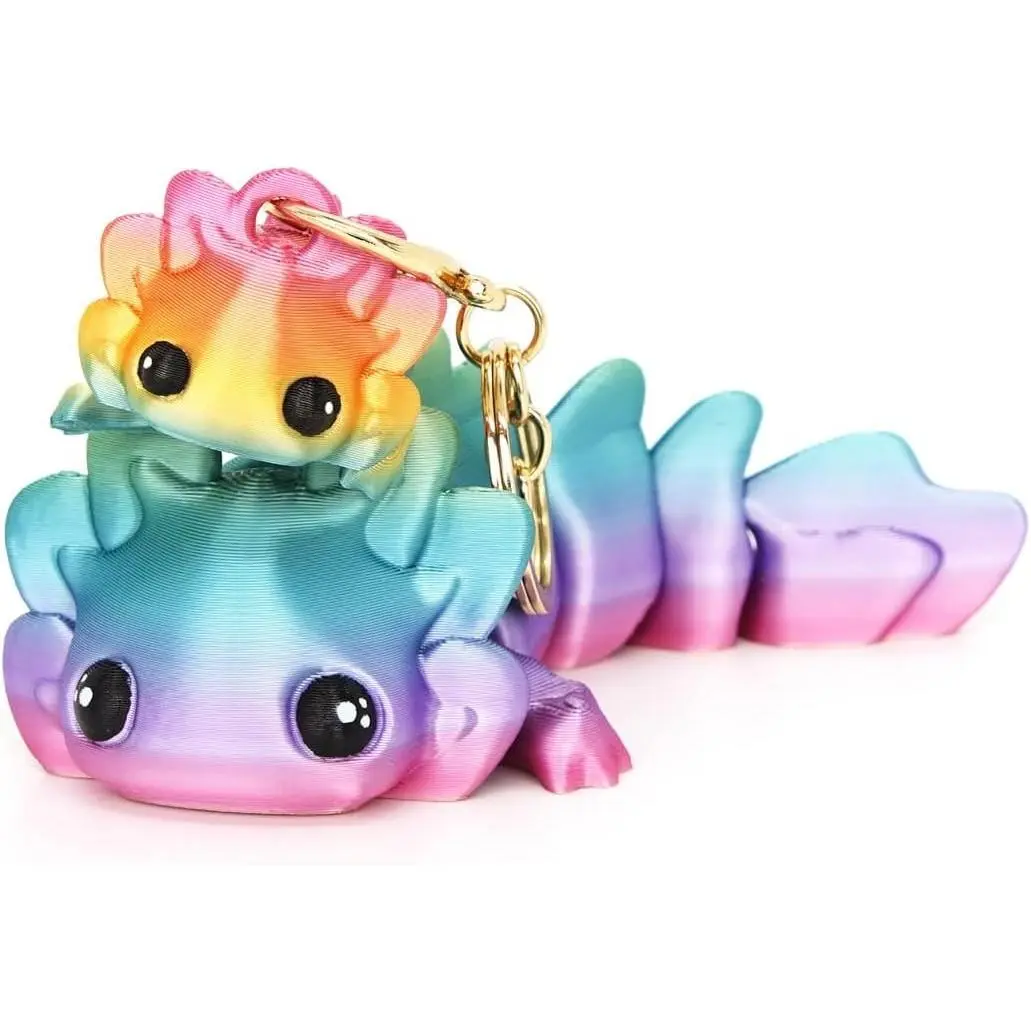 2 Pcs Cute Axolotl Tadpole Fidget Toy - 3D Printed Articulating Axolotl with Keychain, Flexible Collectible Set, Fun Gift in Candy Rainbow Colors