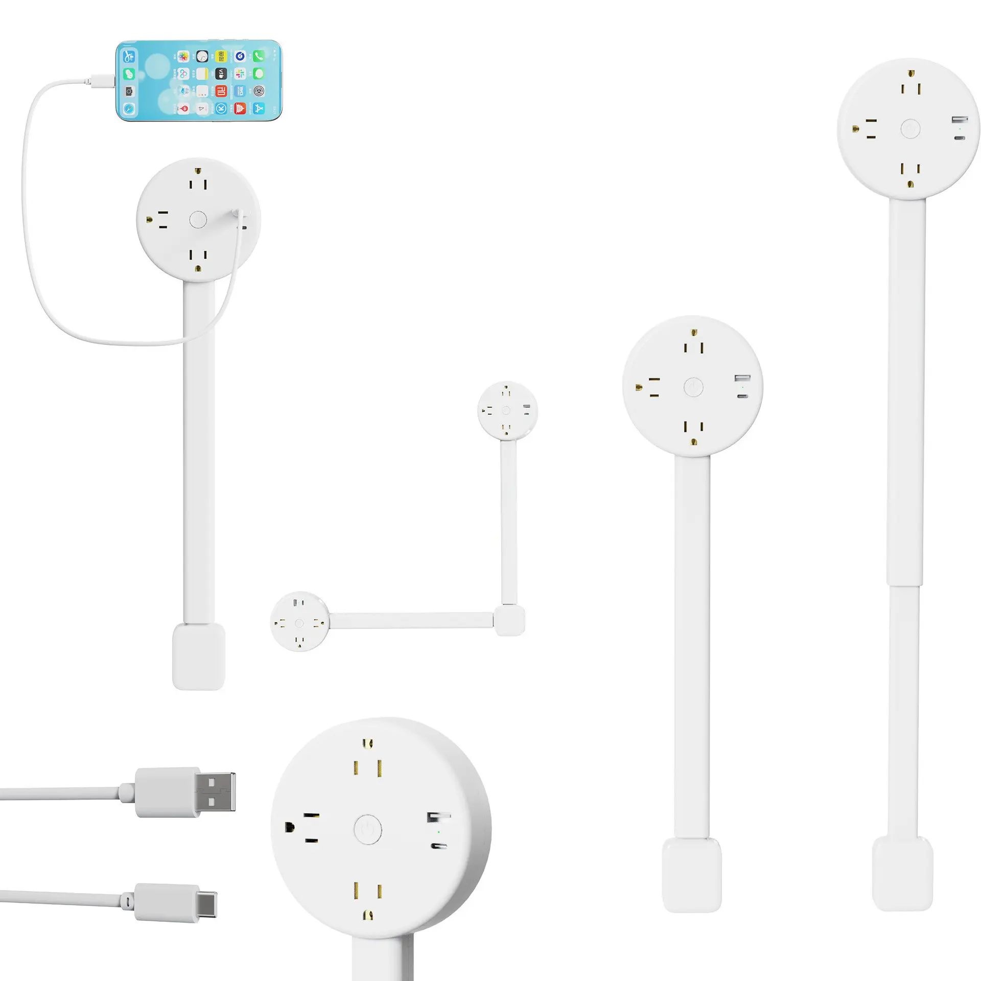 Electrical Outlet Extender Long Rod with 180° Rotation, Extendable 22-34 Inches, 2 Ac Outlets + 2 USB Ports, Ideal for Bed, Dorm, Office, Sofa