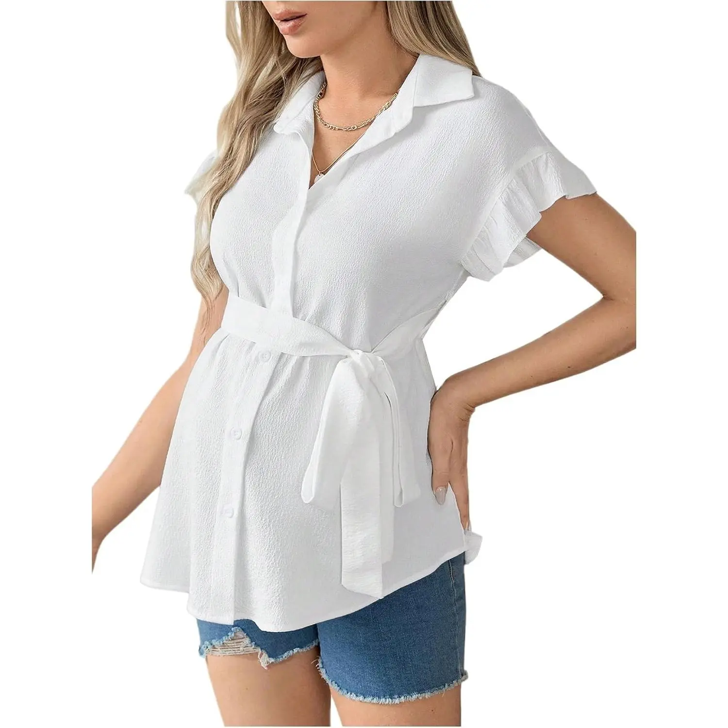 Women's Maternity Nursing Work Blouse Pregnancy Ruffle Tops | Maternity Dressy Blouse, Wrap, Button Down, Belted