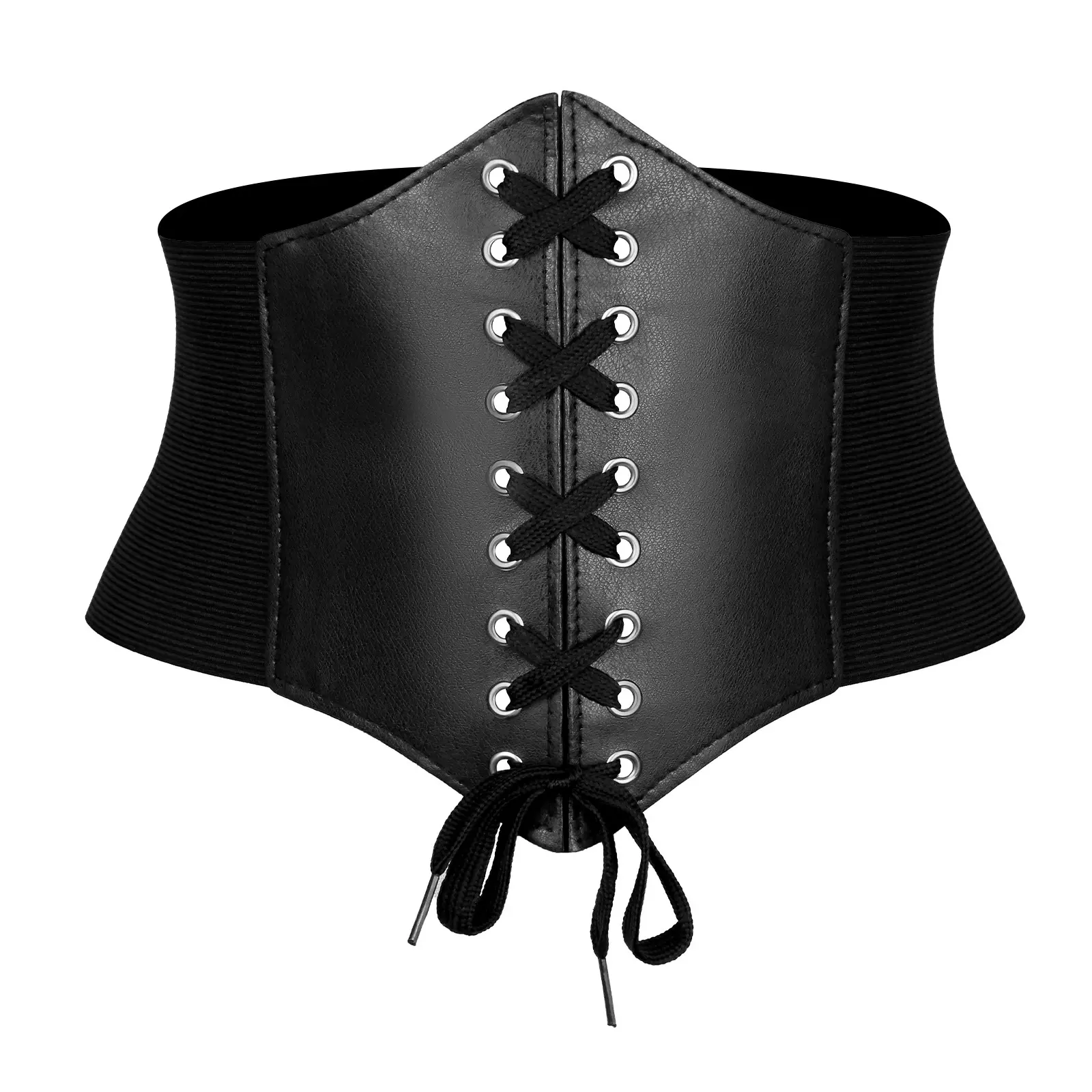 Women's Black Leather Lace-Up Underbust Corset Belt - Elastic Waist, Gothic Vintage Cinch, Hourglass Slimming, Silver Strap - Bohemian Festival Costumes Accessory for Dresses, Shirts (Sports & Outdoor Ball Sports American Football Themed Accent), Oversize