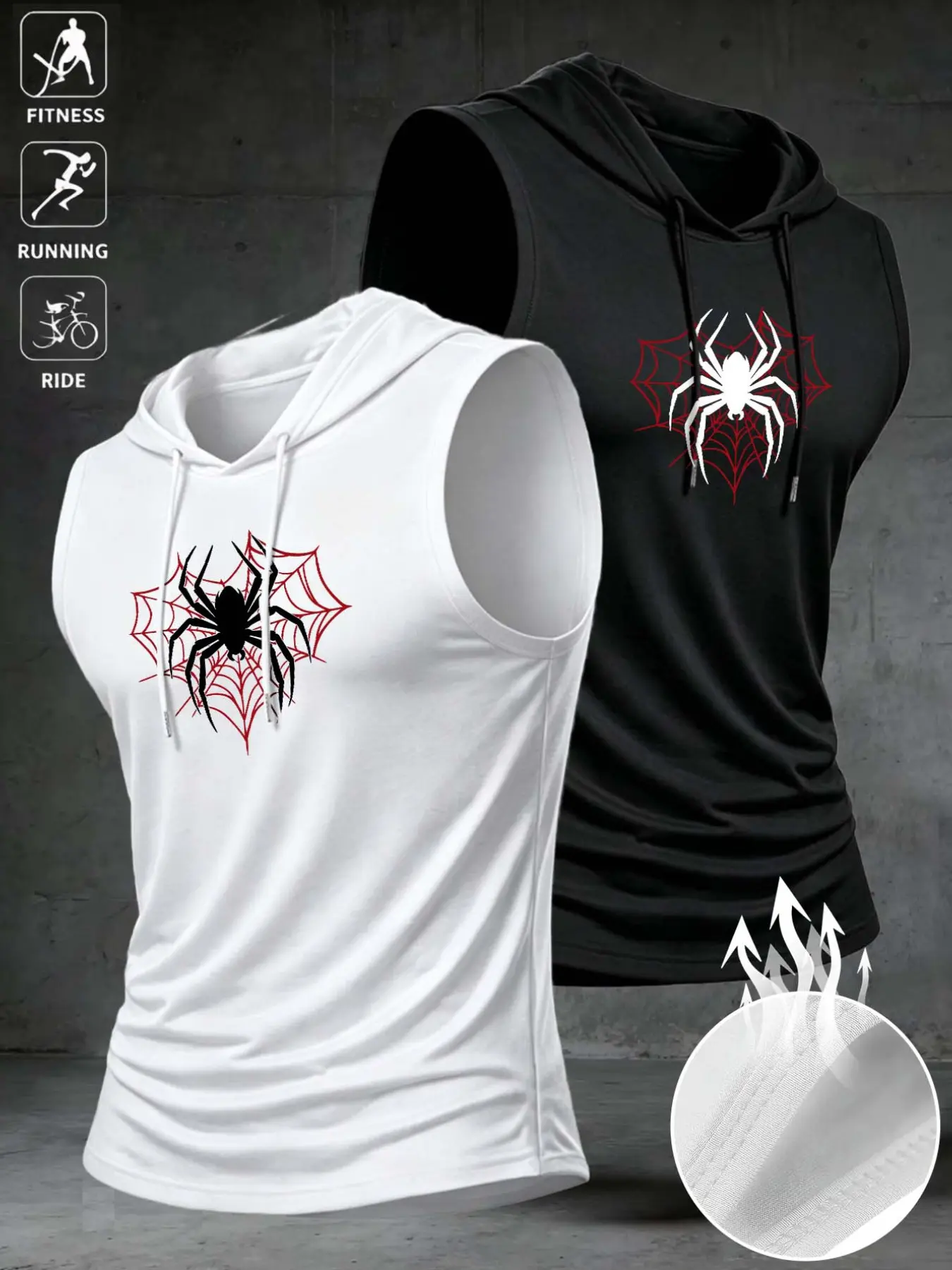 Men's Summer Sleeveless Hooded Tank Top, Spider Pattern, Comfortable Breathable, Two-Piece Set, Outdoor Sports and Fitness, Gymswear Tanks