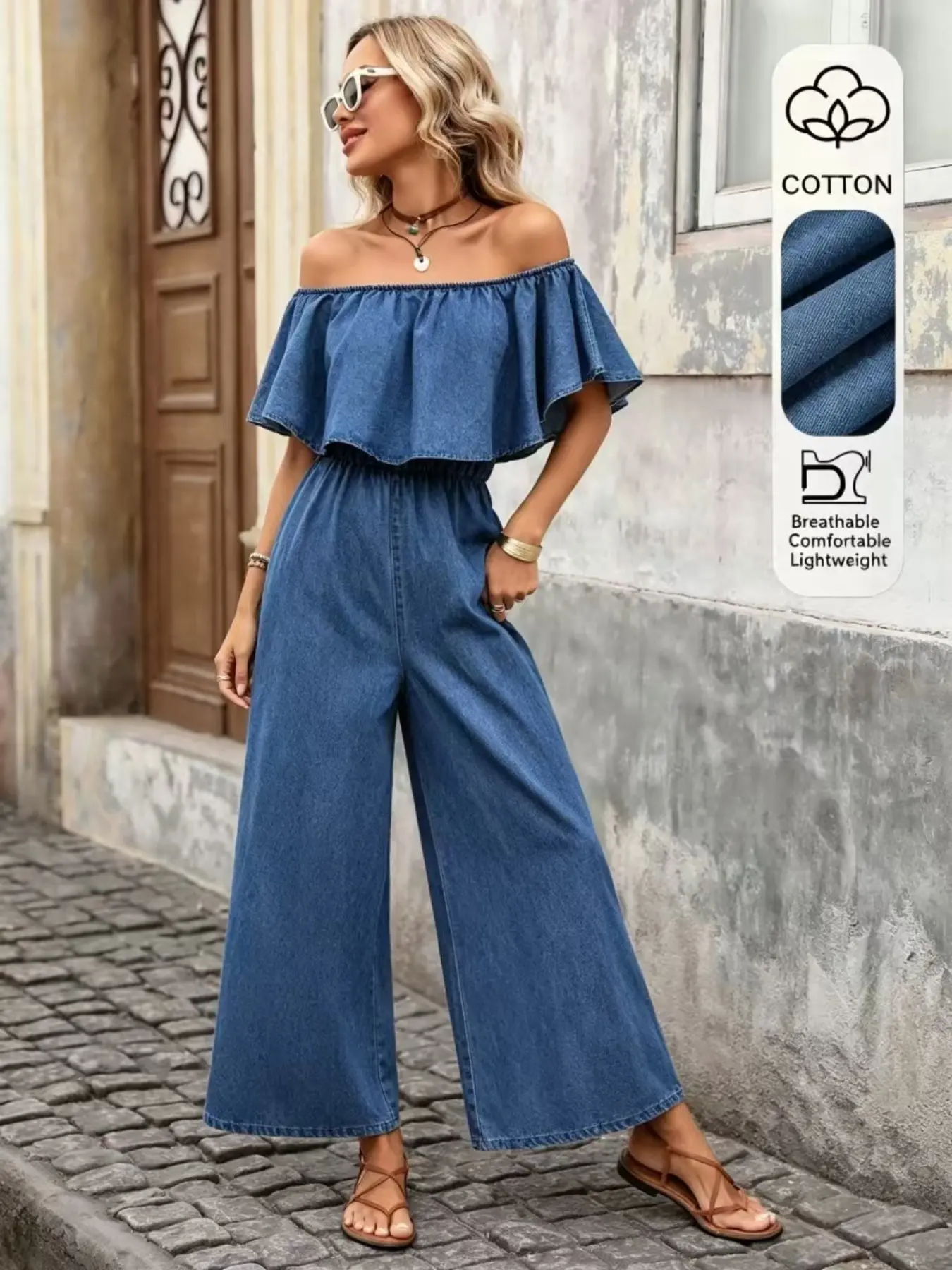 Women's Off Shoulder Ruffle Hem Denim Jumpsuit, Comfortable Durable, Perfect for Daily Wear, Ruffle Bandeau Wide Leg Overalls For Four-Season Casual Style, Denim Cutie Jumpsuit, Cute Jumpsuit