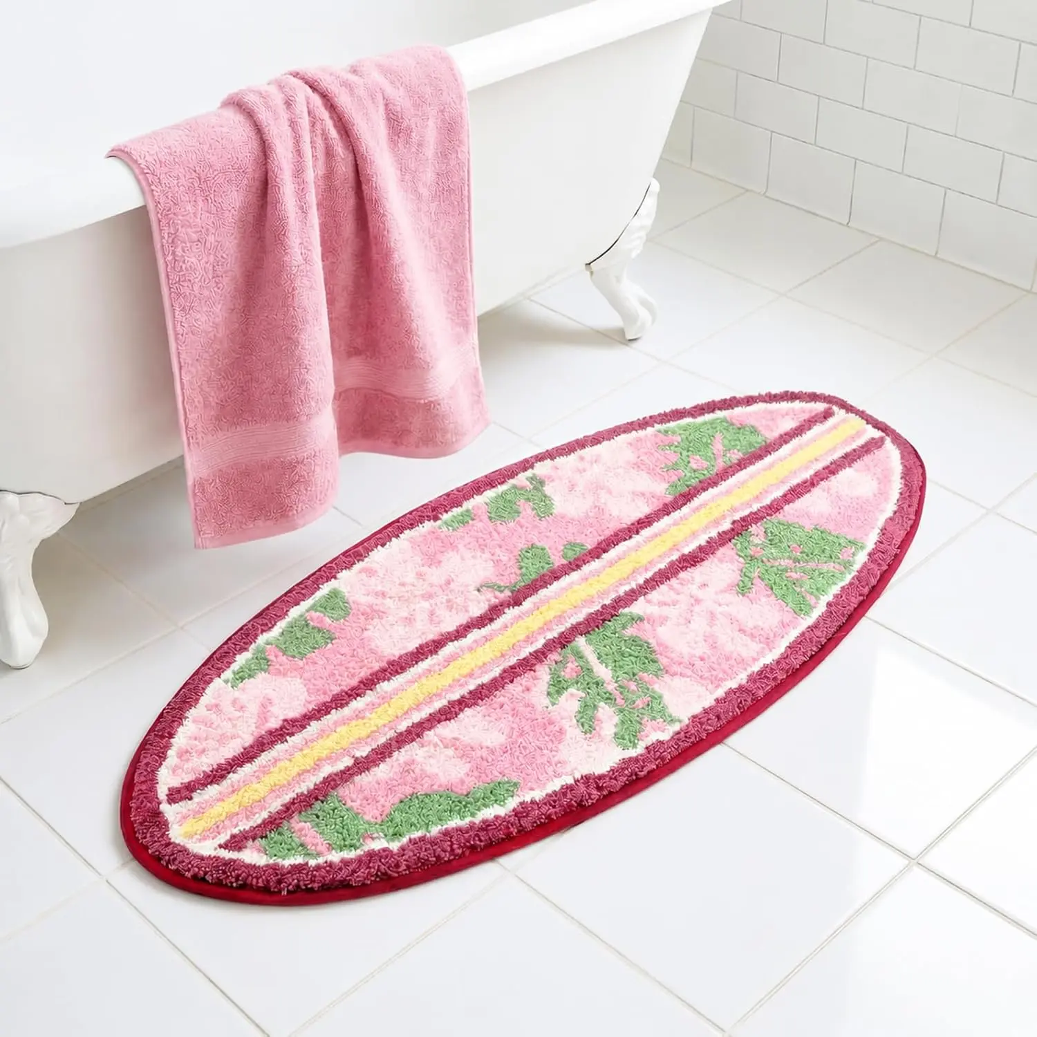 Hibiscus Bathroom Rug Cute Surfboard Shaped Bath Mat Non-Slip Flocking Bathtub Rug for Tropical Living Room Bedroom Decor