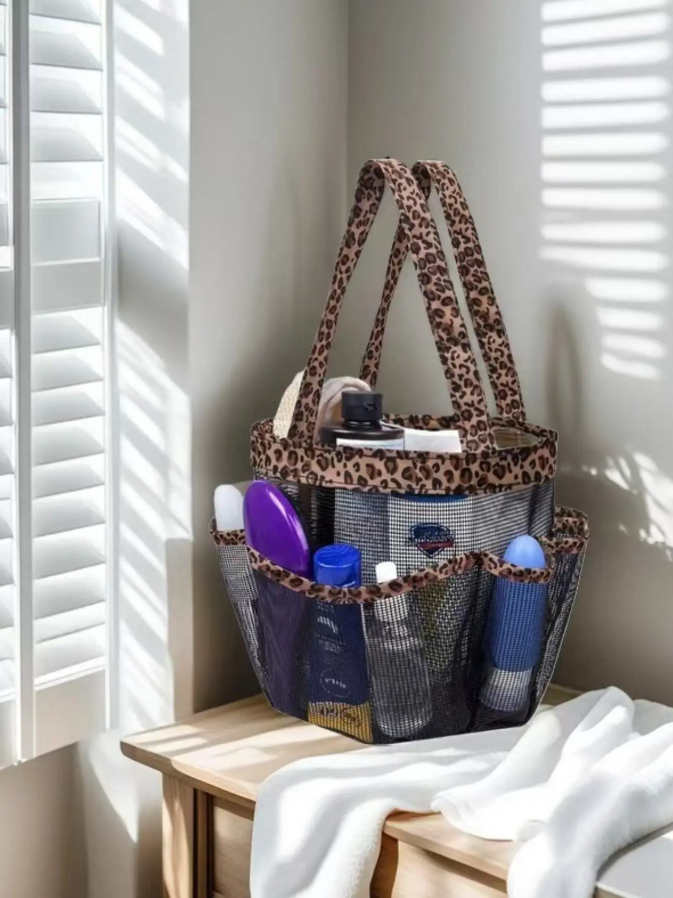 Leopard Print Thick Plastic Mesh Storage Bag, Shower Basket, Outdoor Beach Bag, Bathroom, Swimming Pool Organizer, 8 Compartments
