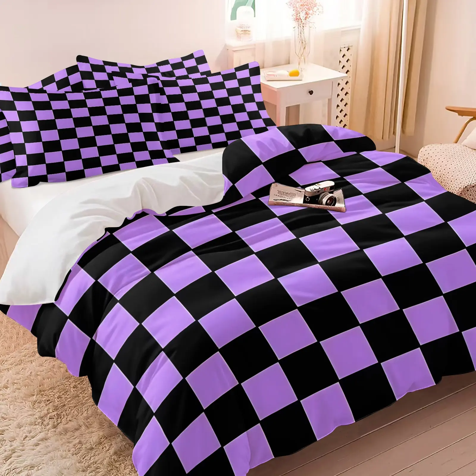 3PCS Lavender Black Checkerboard Grid Duvet Cover Set (1 Duvet Cover + 1-2 Pillowcases), HD Digital Print, Soft Cozy Skin-Friendly Breathable All Season Bedding, Twin Full Queen Sizes for Minimalist Trendy Bedroom Decor