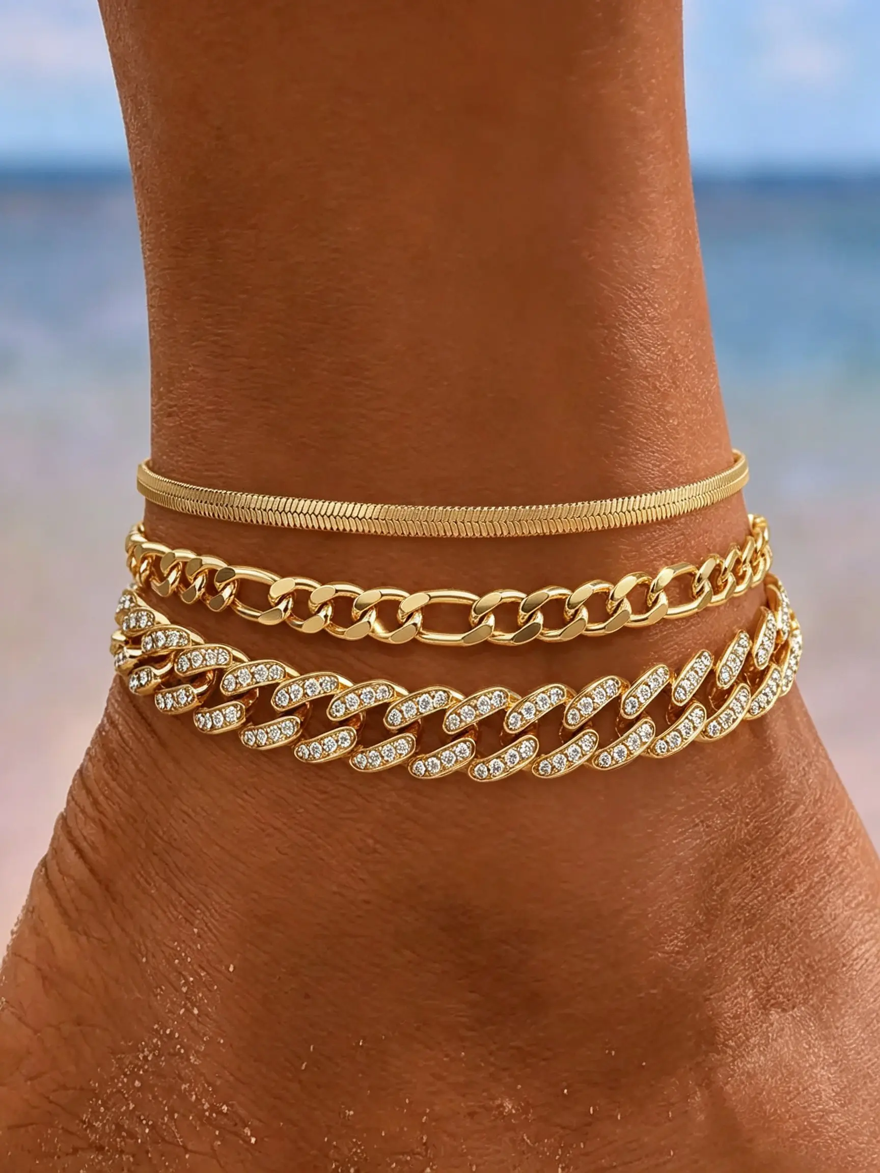3PCS Gold Anklet Set for Women Waterproof Adjustable Cuban Link & Snake Chain Anklets Chunky Layered Beach Jewelry Trendy Summer Vacation Accessories Gift
