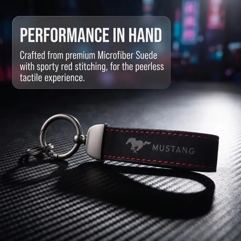 1 Pack Premium Alcantara Suede Key Strap with Red Stitching and Detachable Key Ring, Special Car Keychain, Car Key Chains Compatible with All Ford Mustang Models