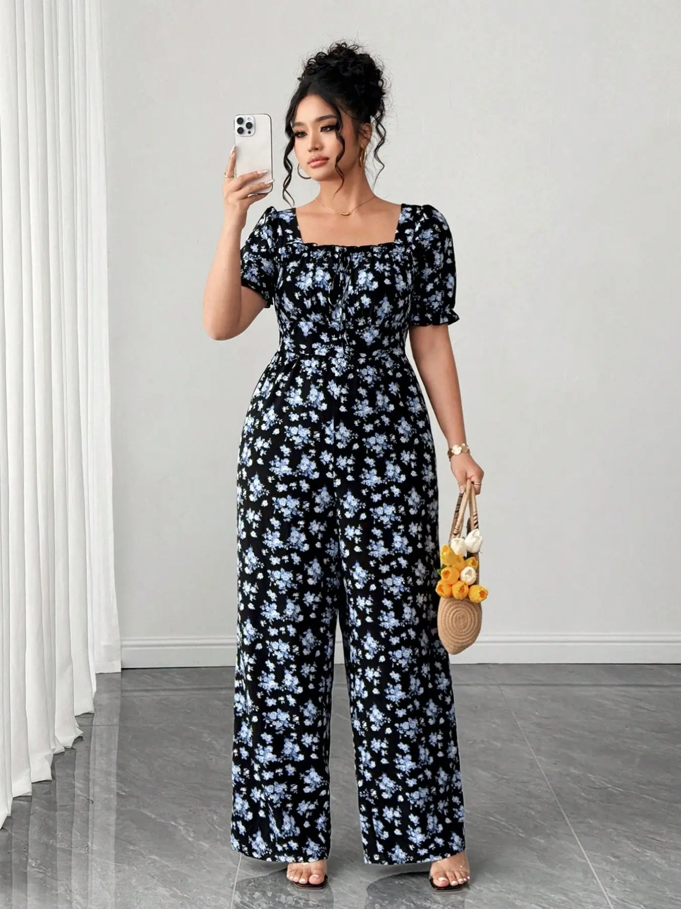Women's Plus Size Jumpsuit Ditsy Floral Print Square Neck Short Puff Sleeve Wide Leg Pants Rompers Casual Summer Vacation Trendy