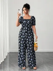 Women's Plus Size Jumpsuit Ditsy Floral Print Square Neck Short Puff Sleeve Wide Leg Pants Rompers Casual Summer Vacation Trendy