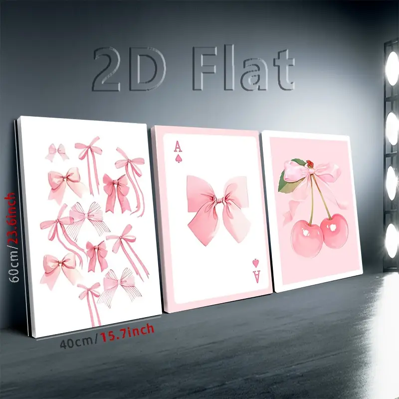 3P Artistic Wood Framed Canvas Wrap Poster - Pink Bow Ace Of Hearts Cherry Design, Decorative Coquette Girly Set, Soft Blush Pink Home Wall Decor for Bedroom, Dressing Room (Ideal Gift Option)