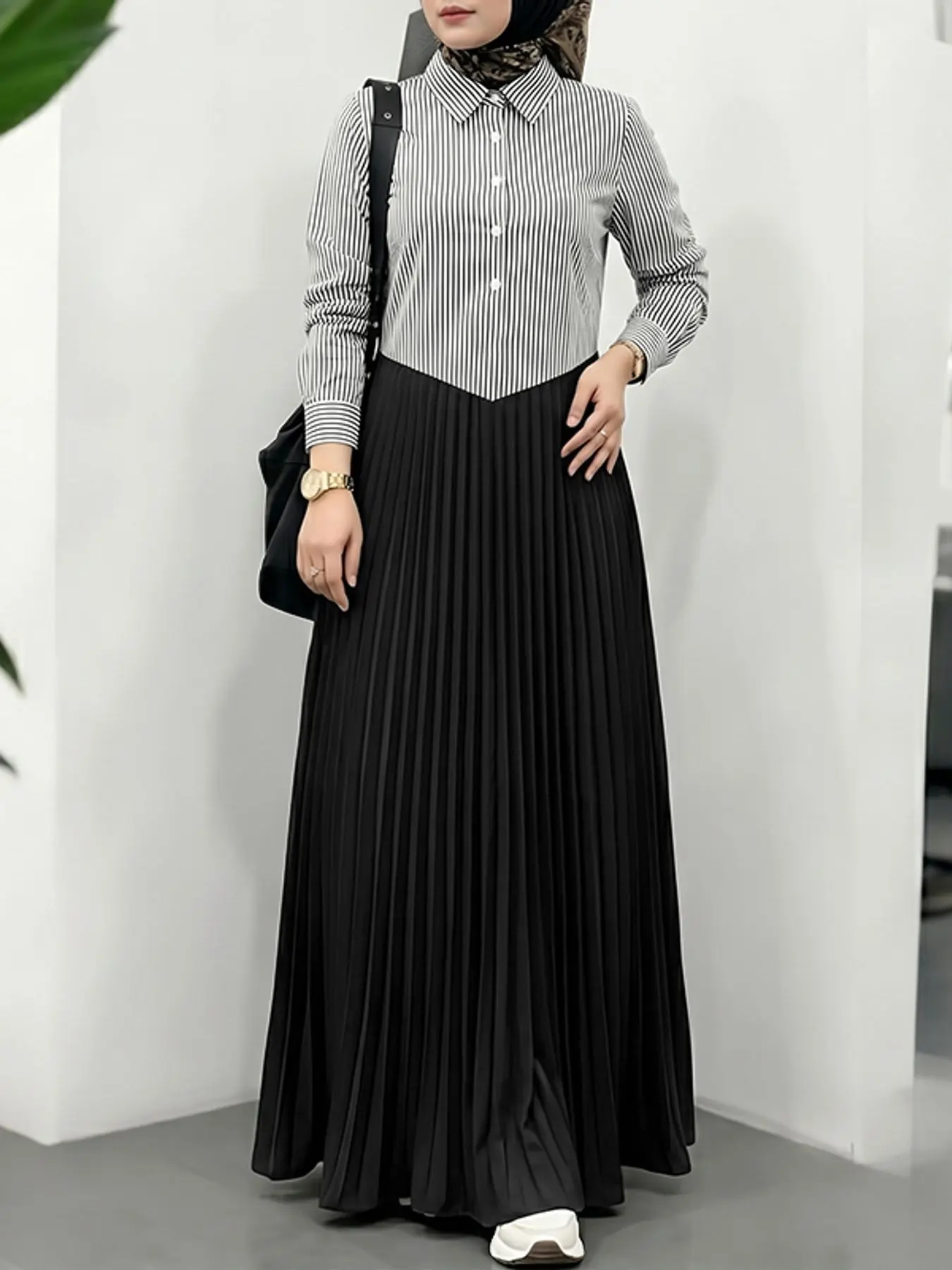 Women's Lapel Collared Long Sleeve Striped Patchwork Pleated Dress, Casual Loose-Fitting, Spring & Fall, No Pockets, Plain Surface, Unlined