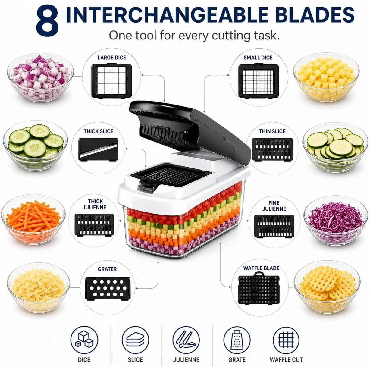 15-in-1 Manual Kitchen Food Cutting Tool with 8 Stainless Steel Interchangeable Multi-Blade Set, Veggie Dicer, Slicer & Grater with Storage Container for Household Home Cooking