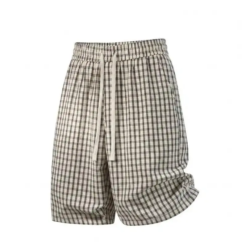 Men's Chic Beige Plaid Shorts, Loose-fitting Wide-Leg Cut with Drawstring Mid Waist, Lightweight Foldable with Pockets for Summer Streetwear, Casual, Cotton 45%, Polyester Fiber 45%, Viscose Fiber (Rayon) 10%