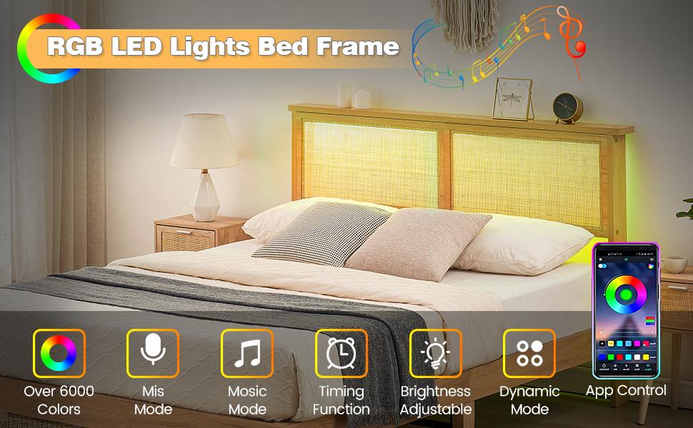 Garvee Rattan Bed Frames Available in Twin, Full, Queen, and King Sizes Featuring Natural Rattan Headboards, LED Lighting, Sturdy Wooden Slats, Noise-Free Platform, No Box Spring Required, Easy Assembly, and Storage Options