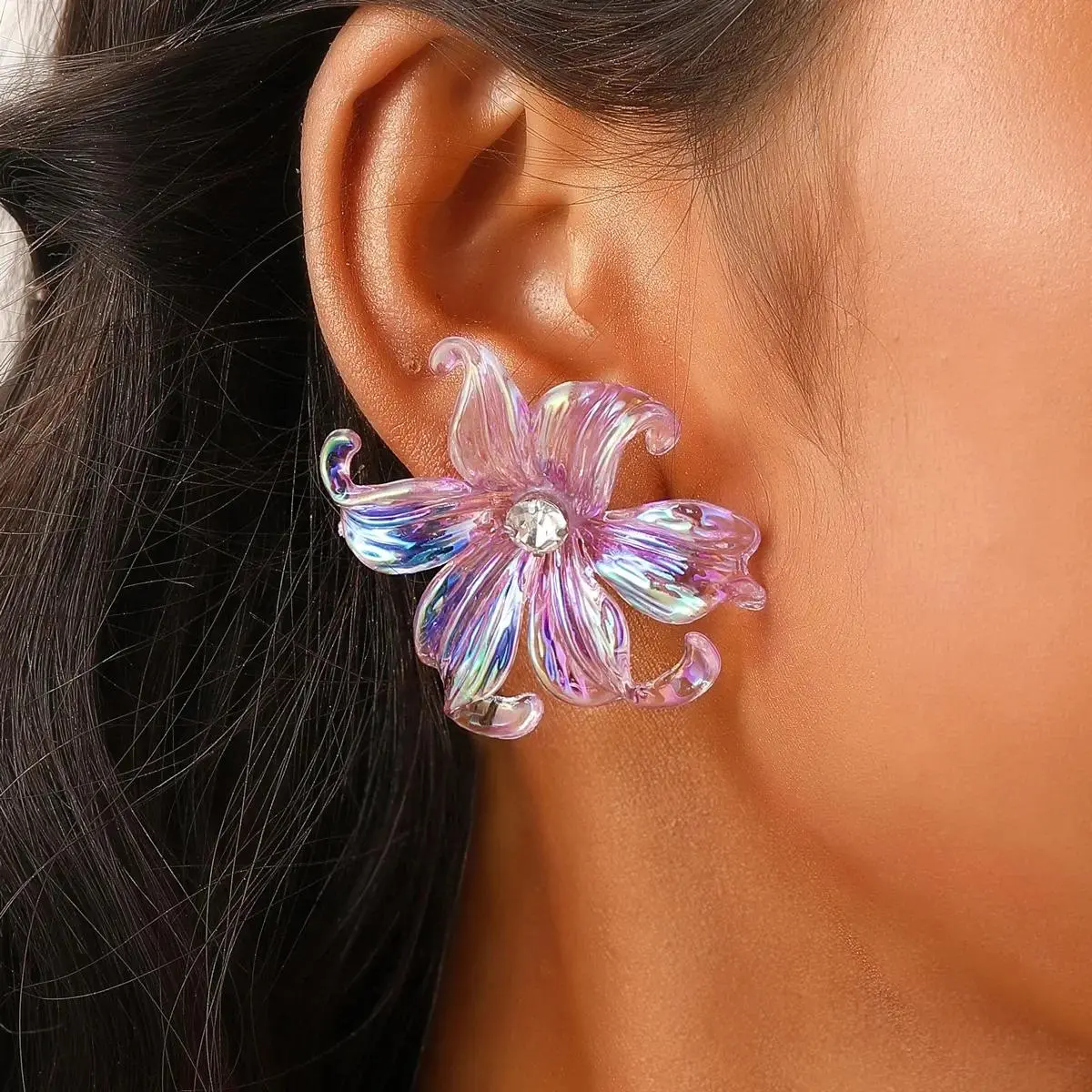 Large Big Flower Iris Crystal Stud Earring for Women Purple Pink Green Color Female Sweet Jewelry Wedding Christmas Gift