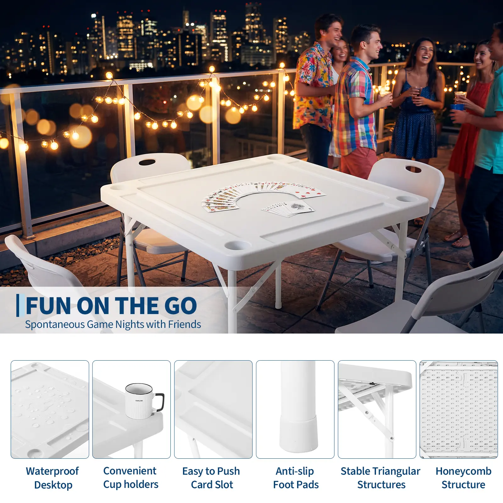 35-in Square HDPE Plastic Folding Mahjong Table - Easy Setup, Portable Fold-Up, 4-Player with Cup Holders & Chip Trays, Durable Water-Resistant Indoor Furniture for Poker & Dominoes, Square Shape