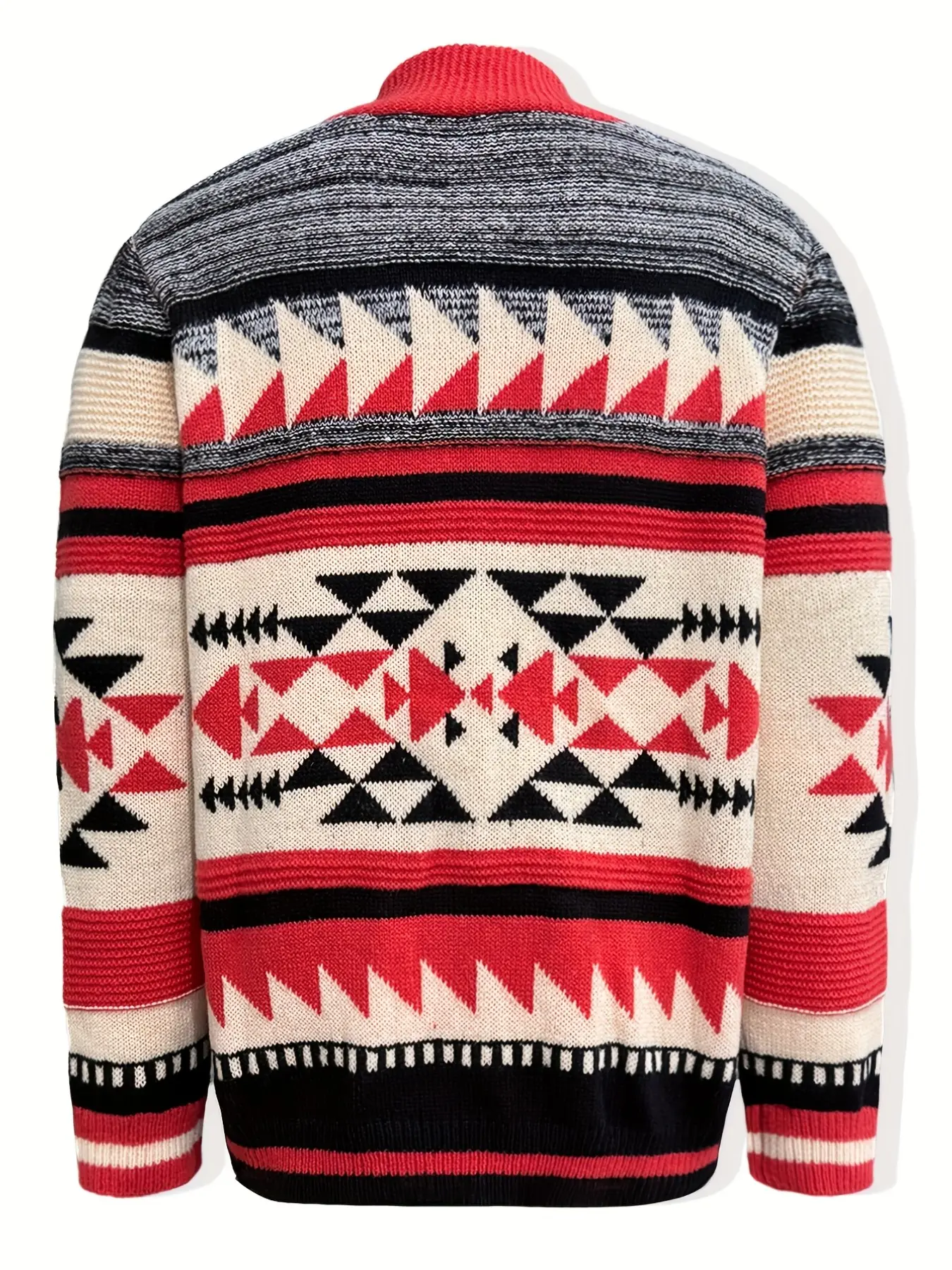 Men's Casual Sporty Sweater, Knit Cardigan with Zipper Stand Collar, Geometric Pattern, Ethnic and Retro Style, Fall and Early Winter Wear