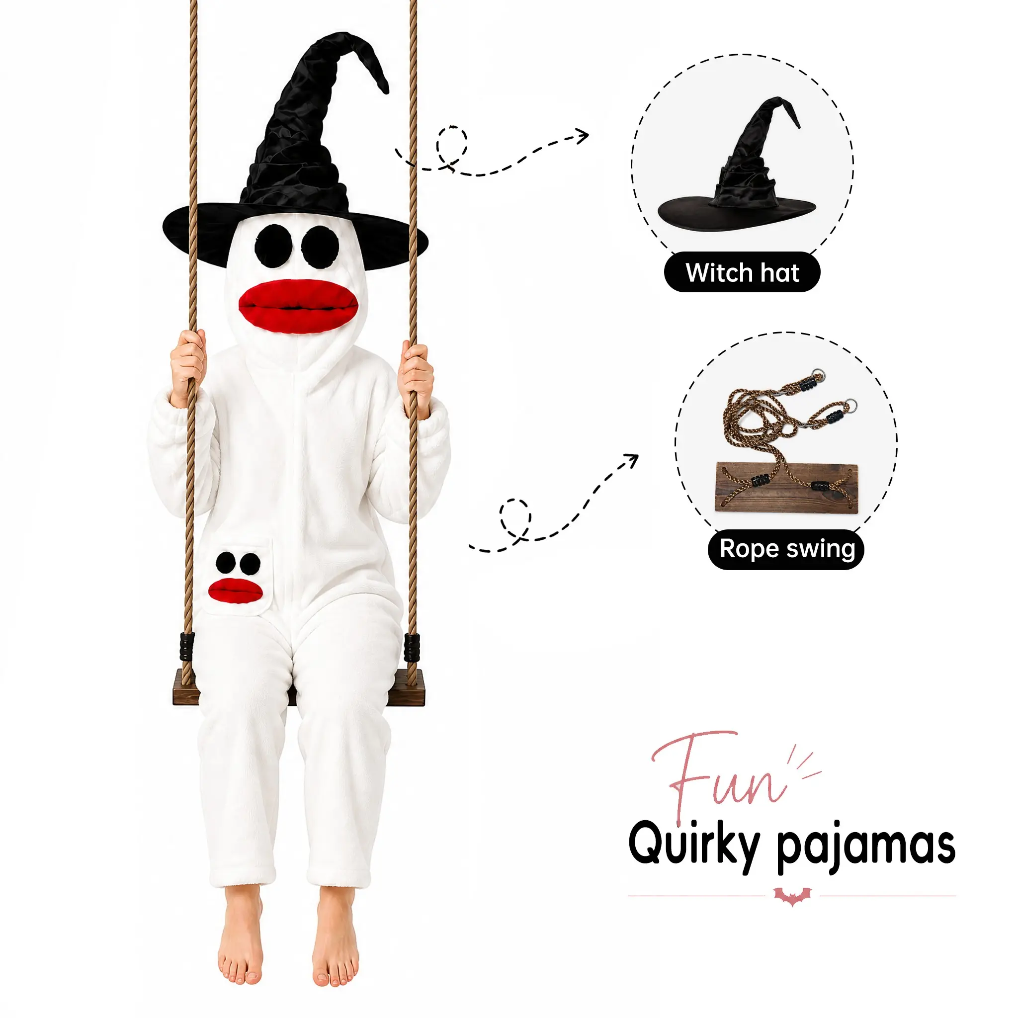 Adult Halloween Ghost Costume Plush Onesie, Soft Fleece Jumpsuit with Swing & Witch Hat, Cosplay Party Loungewear, Hidden Zipper Design, Accessories, Roleplay Costume