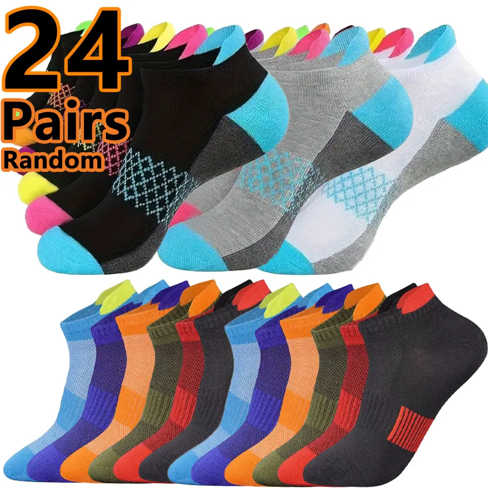 Men's 24-Pair Low-Cut Cushioned Sports Socks, Plain Mixed Random Assorted Colors, Breathable Athletic Socks for Running, Gym Wear, Sports Fit Socks, Training Low Socks